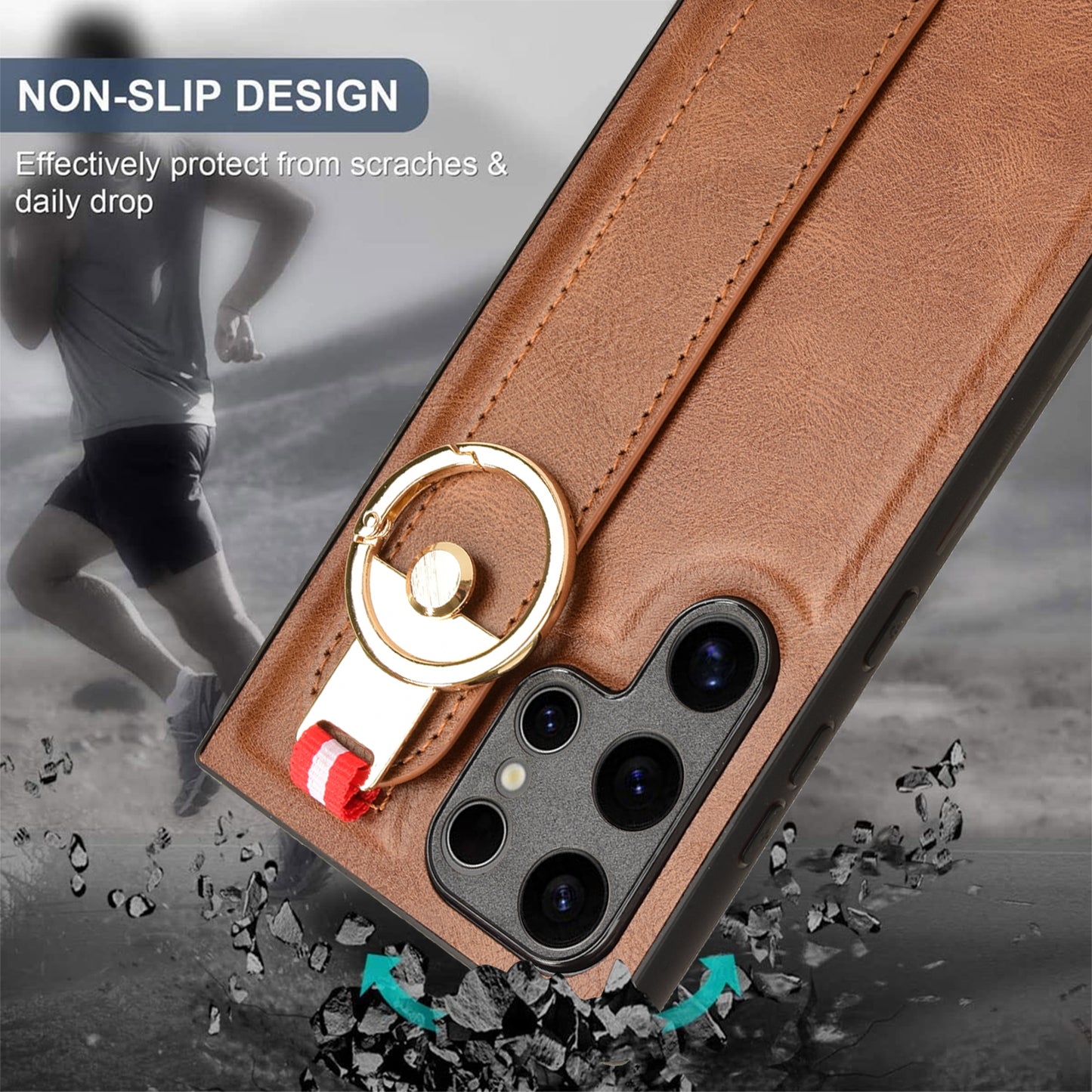 For Samsung Galaxy S24 Ultra Case Slim-Fit PU Leather+PC+TPU Back Shell with Neck Strap - Brown
