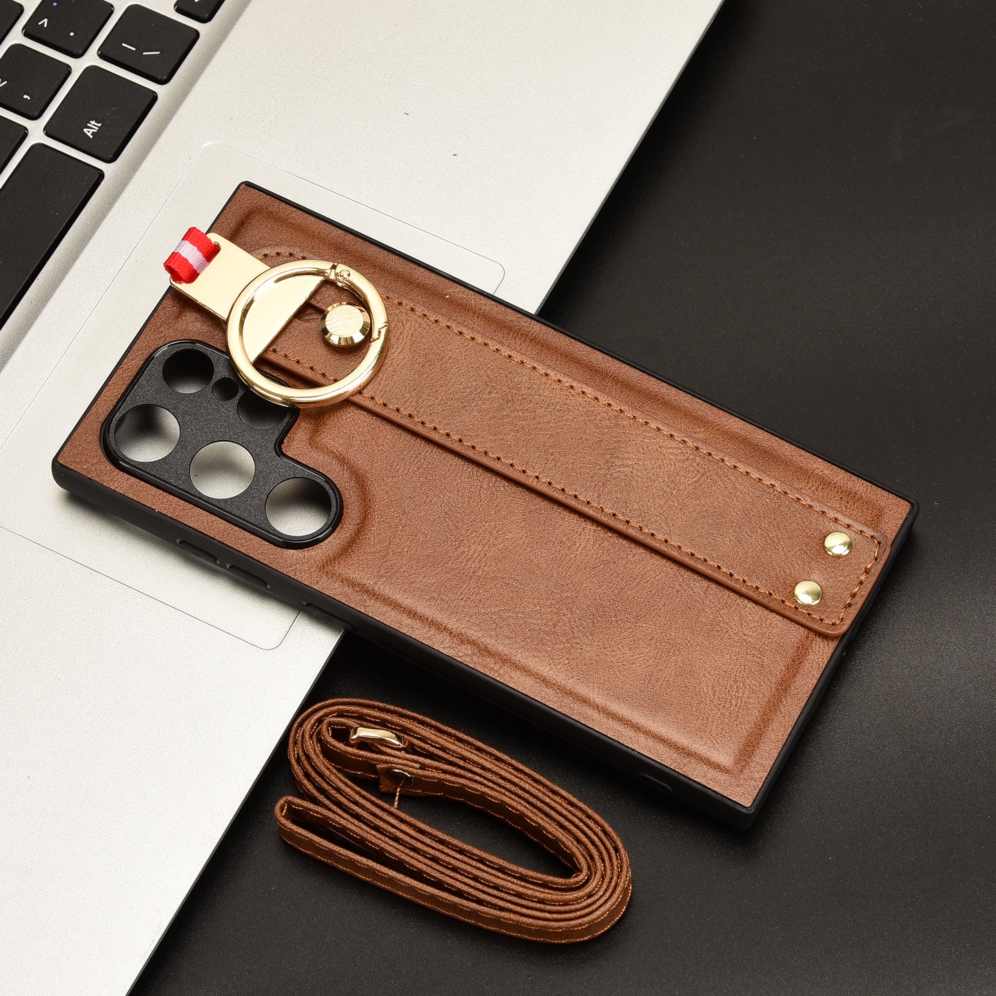 For Samsung Galaxy S24 Ultra Case Slim-Fit PU Leather+PC+TPU Back Shell with Neck Strap - Brown