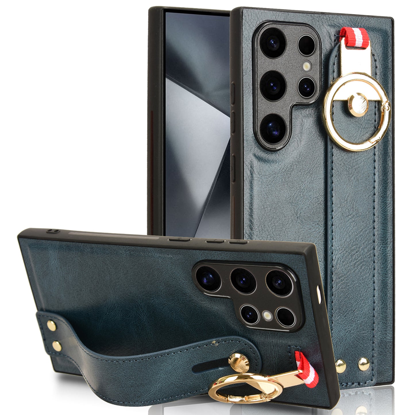 For Samsung Galaxy S24 Ultra Case Slim-Fit PU Leather+PC+TPU Back Shell with Neck Strap - Blue