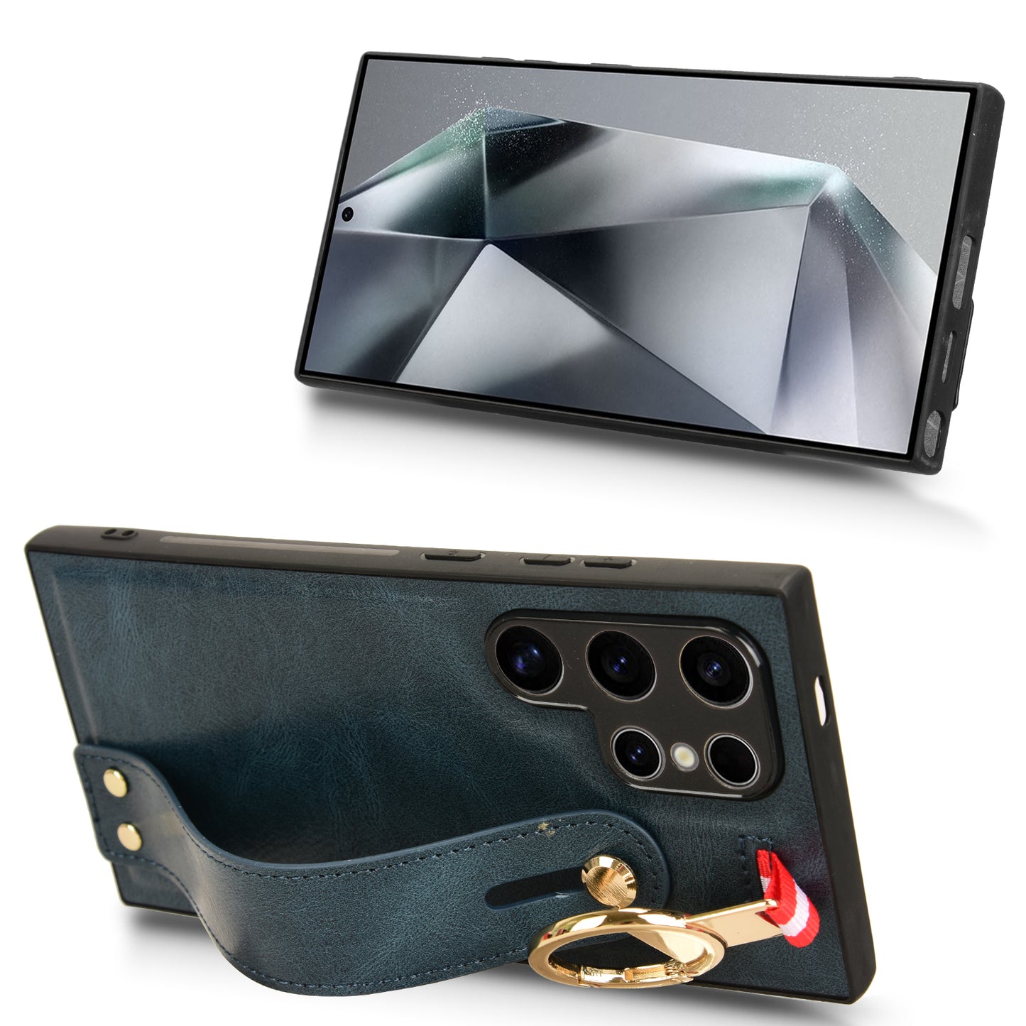 For Samsung Galaxy S24 Ultra Case Slim-Fit PU Leather+PC+TPU Back Shell with Neck Strap - Blue