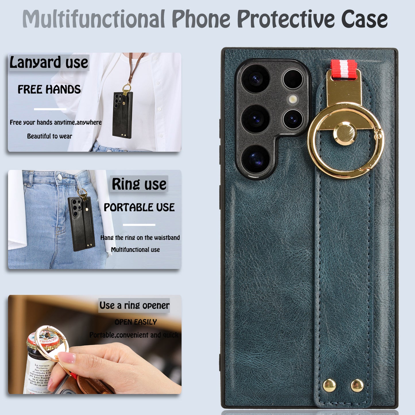 For Samsung Galaxy S24 Ultra Case Slim-Fit PU Leather+PC+TPU Back Shell with Neck Strap - Blue