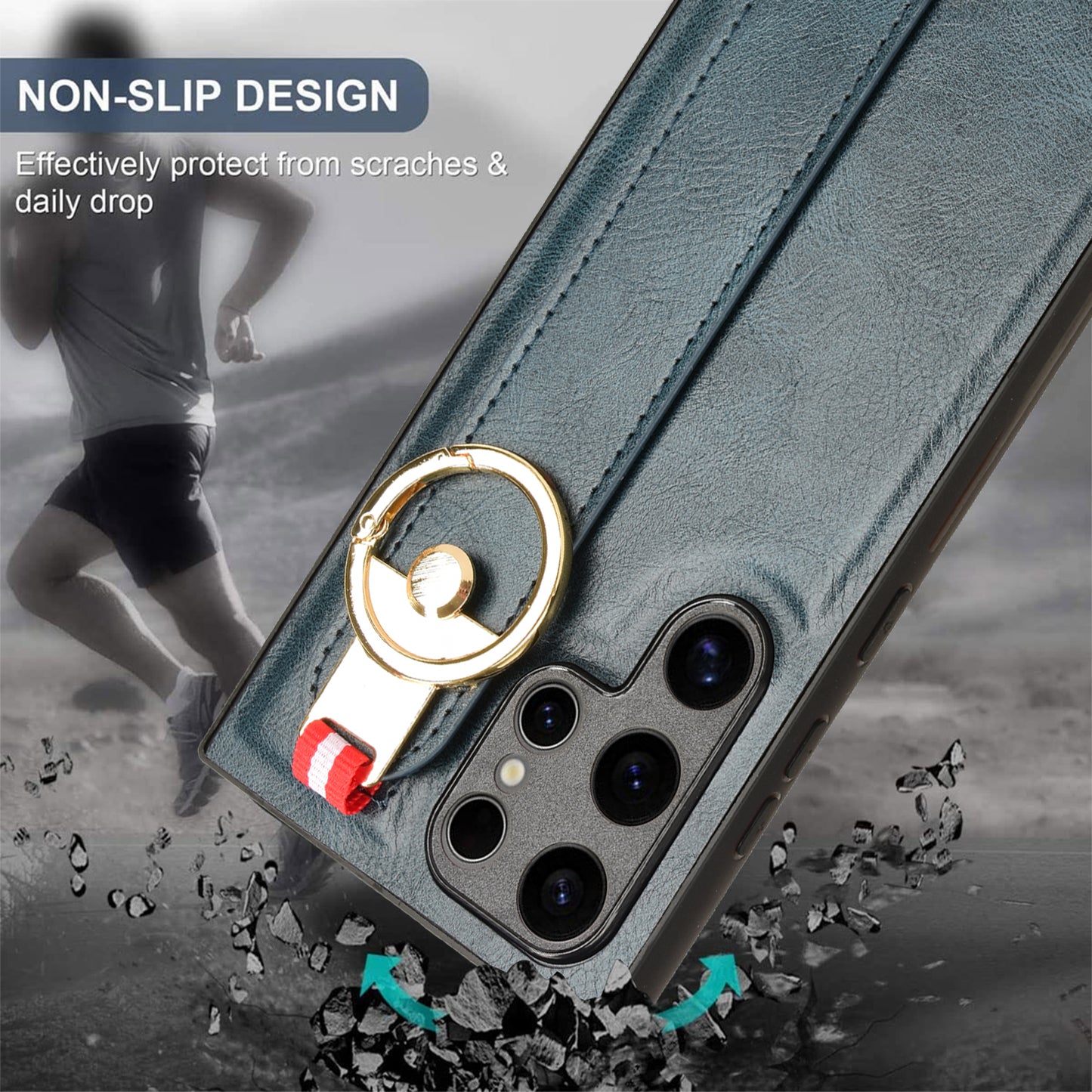 For Samsung Galaxy S24 Ultra Case Slim-Fit PU Leather+PC+TPU Back Shell with Neck Strap - Blue
