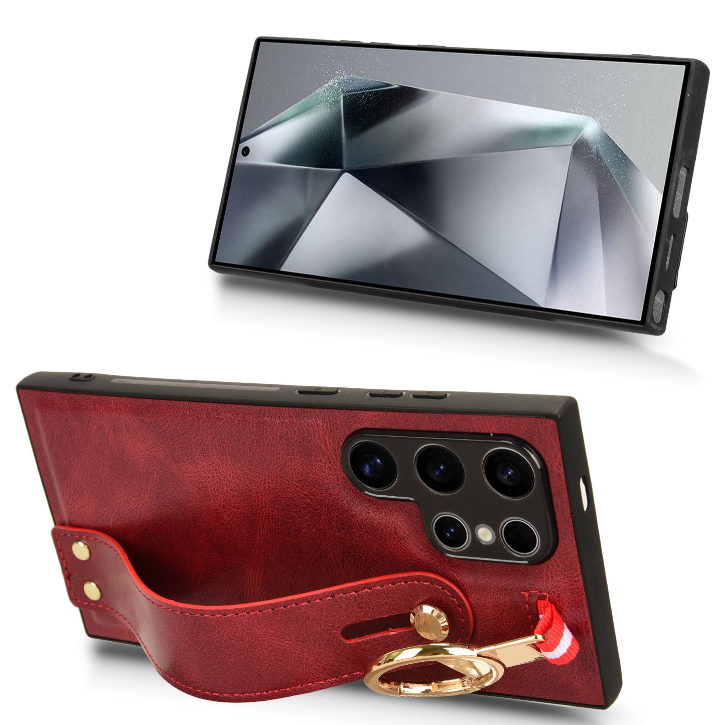 For Samsung Galaxy S24 Ultra Case Slim-Fit PU Leather+PC+TPU Back Shell with Neck Strap - Red