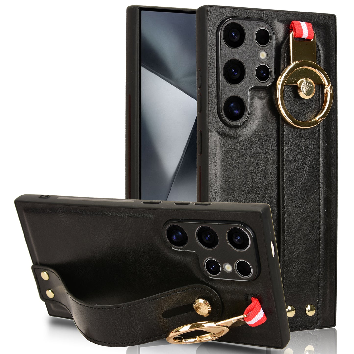 For Samsung Galaxy S24 Ultra Case Slim-Fit PU Leather+PC+TPU Back Shell with Neck Strap - Black