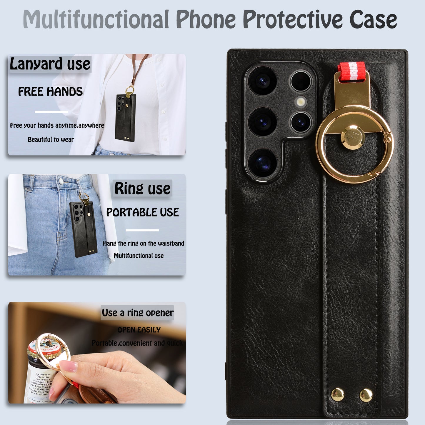 For Samsung Galaxy S24 Ultra Case Slim-Fit PU Leather+PC+TPU Back Shell with Neck Strap - Black