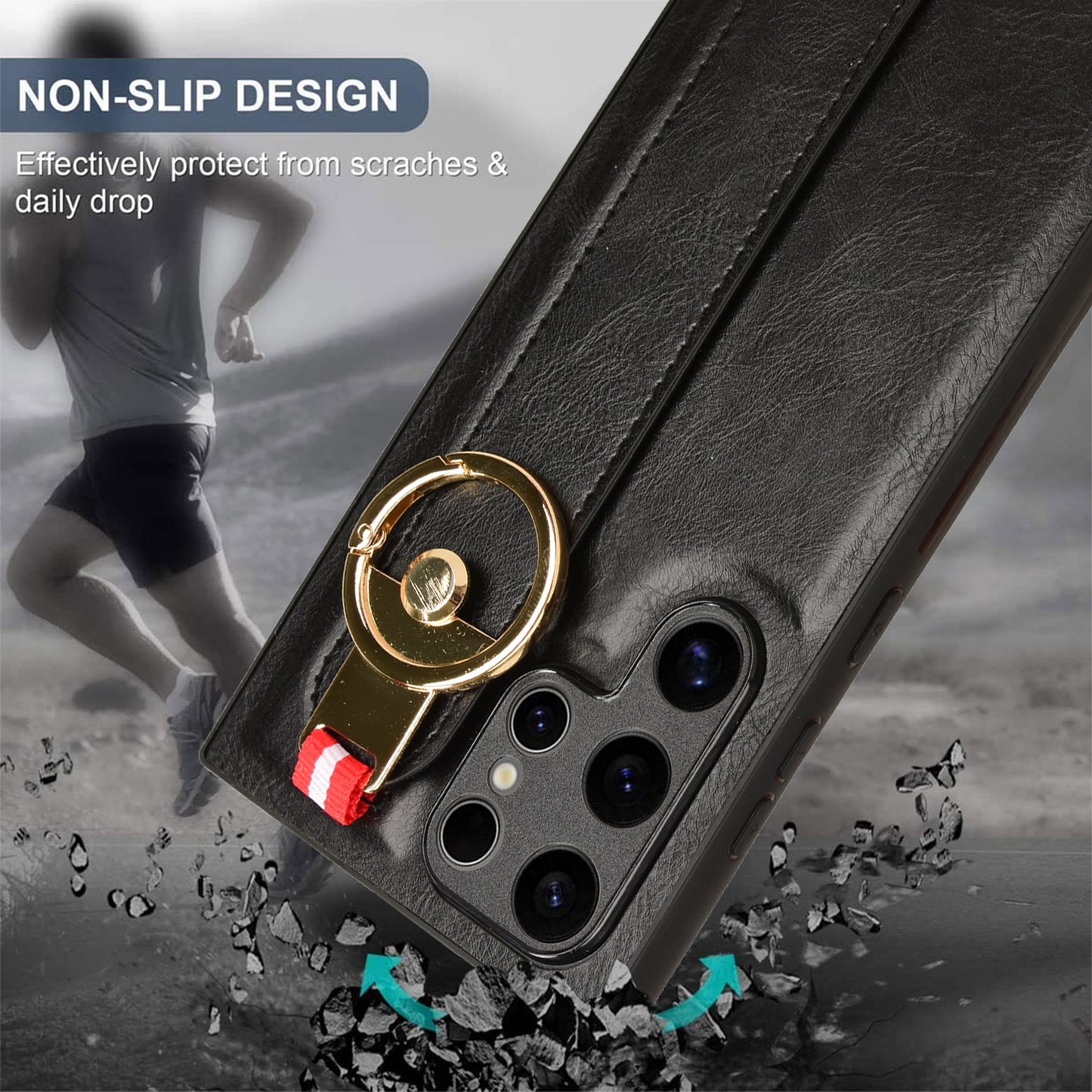 For Samsung Galaxy S24 Ultra Case Slim-Fit PU Leather+PC+TPU Back Shell with Neck Strap - Black