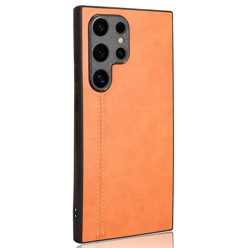 For Samsung Galaxy S24 Ultra Case PU Leather Coated PC+TPU Stitching Line Smart Phone Cover - Orange