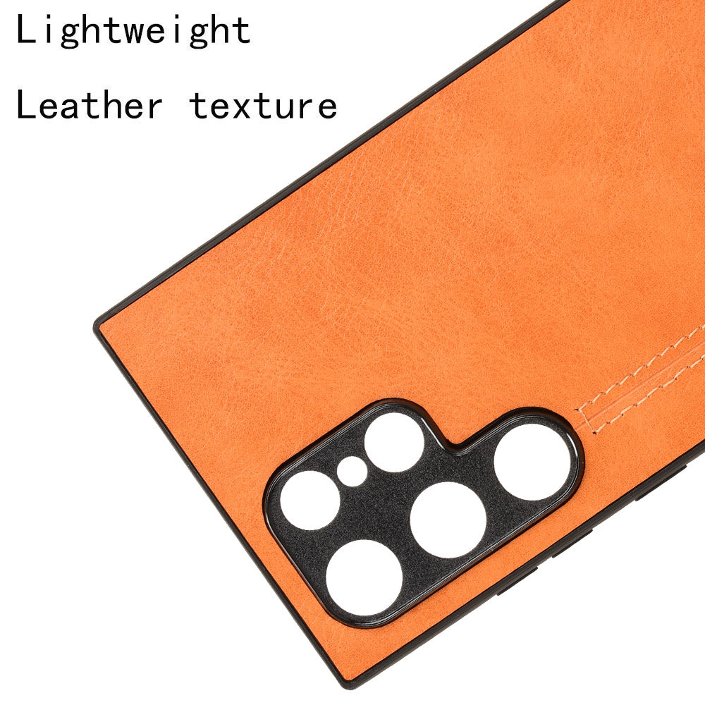For Samsung Galaxy S24 Ultra Case PU Leather Coated PC+TPU Stitching Line Smart Phone Cover - Orange