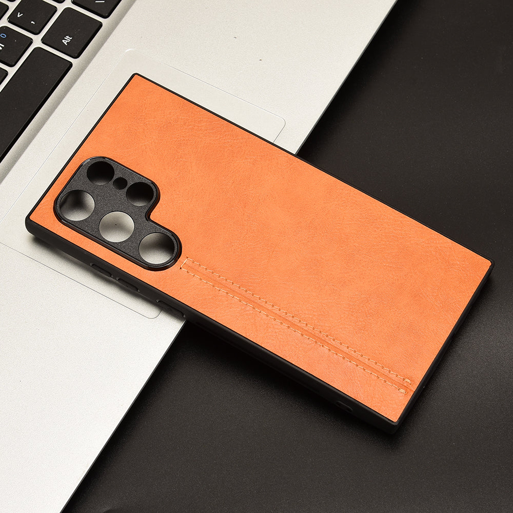For Samsung Galaxy S24 Ultra Case PU Leather Coated PC+TPU Stitching Line Smart Phone Cover - Orange