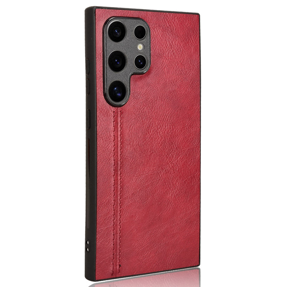 For Samsung Galaxy S24 Ultra Case PU Leather Coated PC+TPU Stitching Line Smart Phone Cover - Red