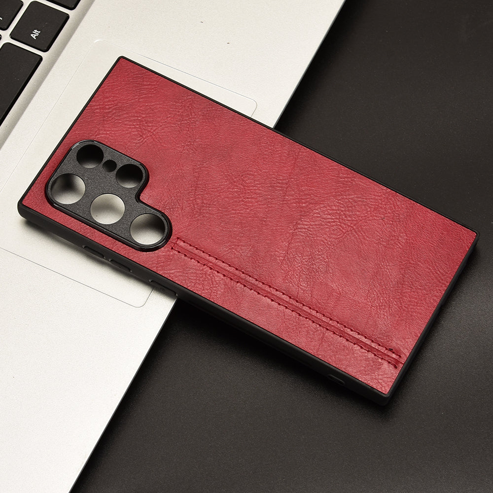 For Samsung Galaxy S24 Ultra Case PU Leather Coated PC+TPU Stitching Line Smart Phone Cover - Red