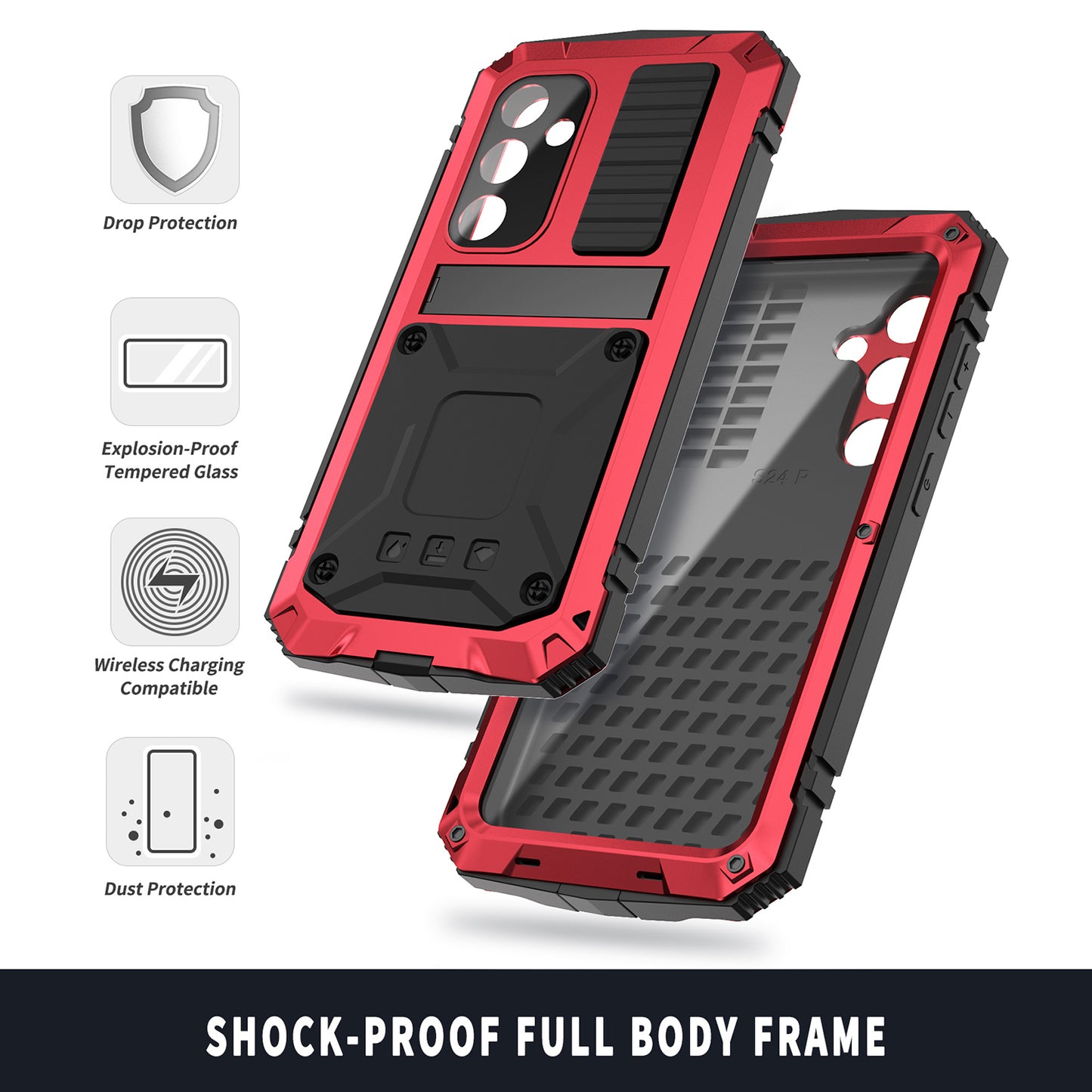R-JUST For Samsung Galaxy S24+ Phone Case Kickstand Cover Built-in Tempered Glass Screen Protector - Red
