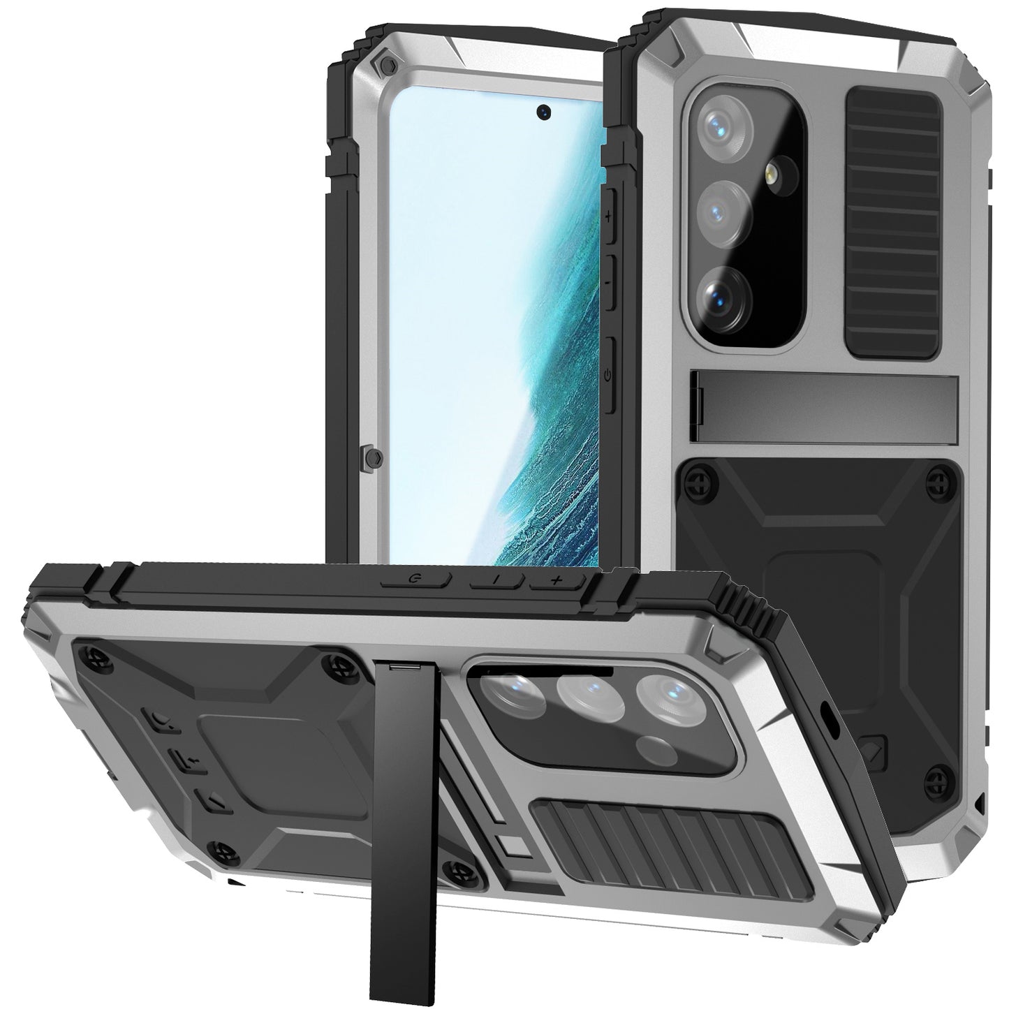 R-JUST For Samsung Galaxy S24+ Phone Case Kickstand Cover Built-in Tempered Glass Screen Protector - Silver