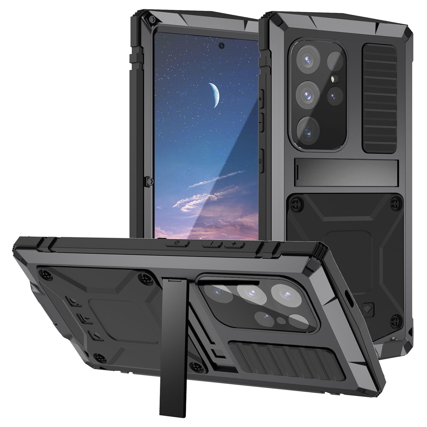 R-JUST For Samsung Galaxy S24 Ultra Phone Case Full Protection Cover with Kickstand - Black