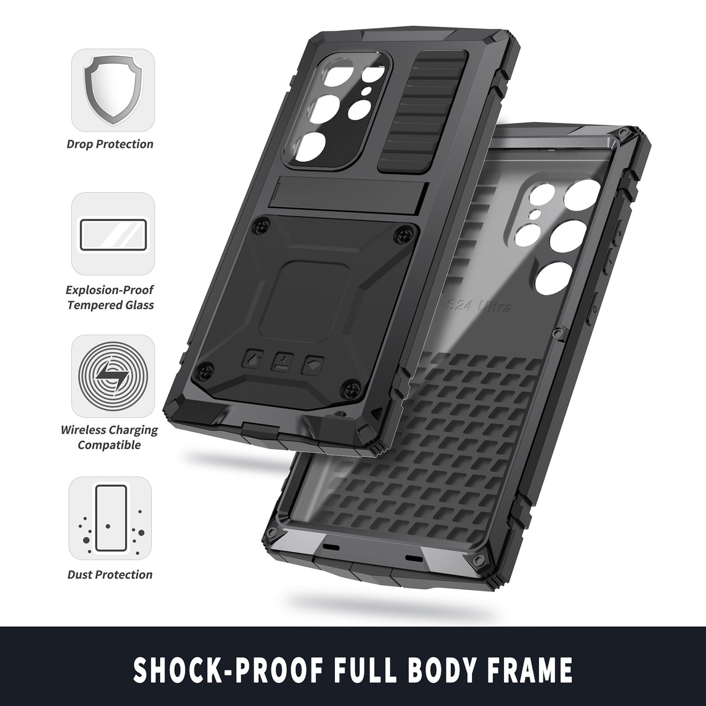 R-JUST For Samsung Galaxy S24 Ultra Phone Case Full Protection Cover with Kickstand - Black