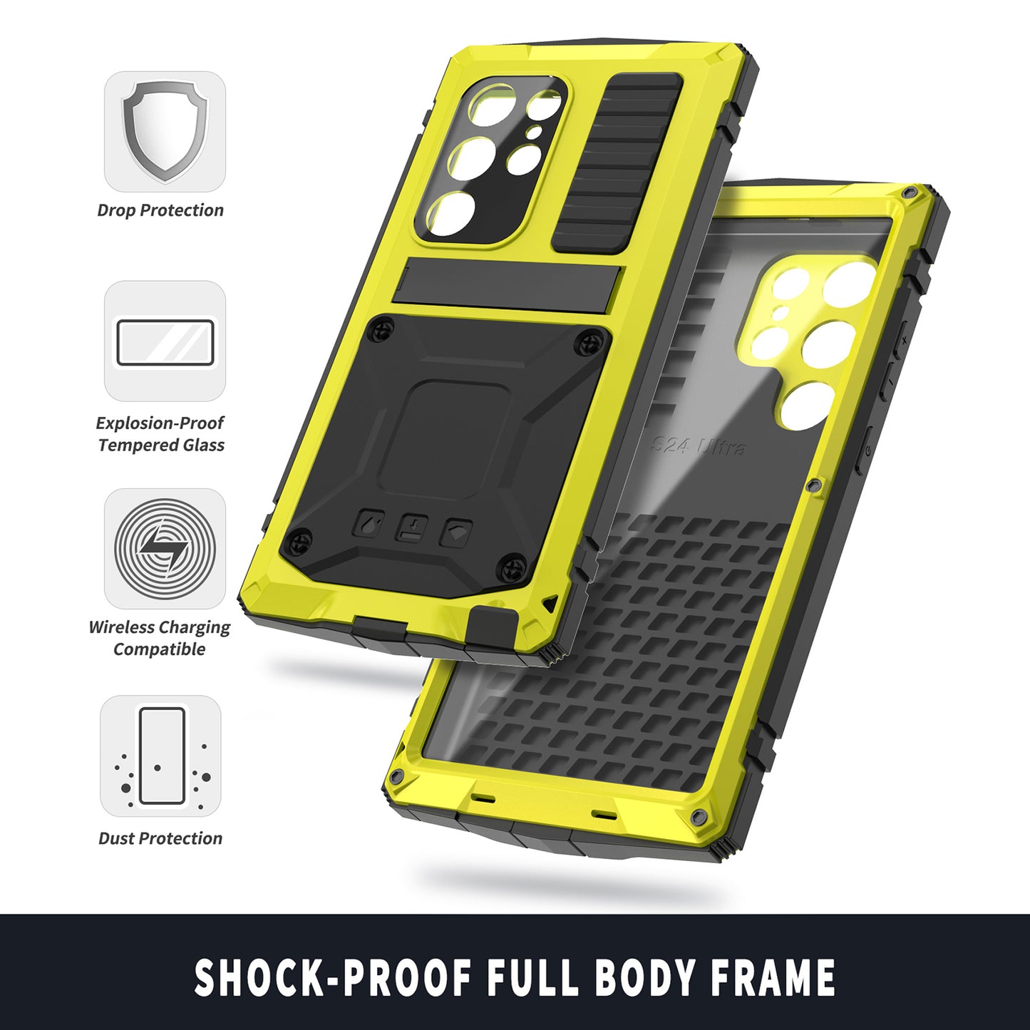 R-JUST For Samsung Galaxy S24 Ultra Phone Case Full Protection Cover with Kickstand - Yellow