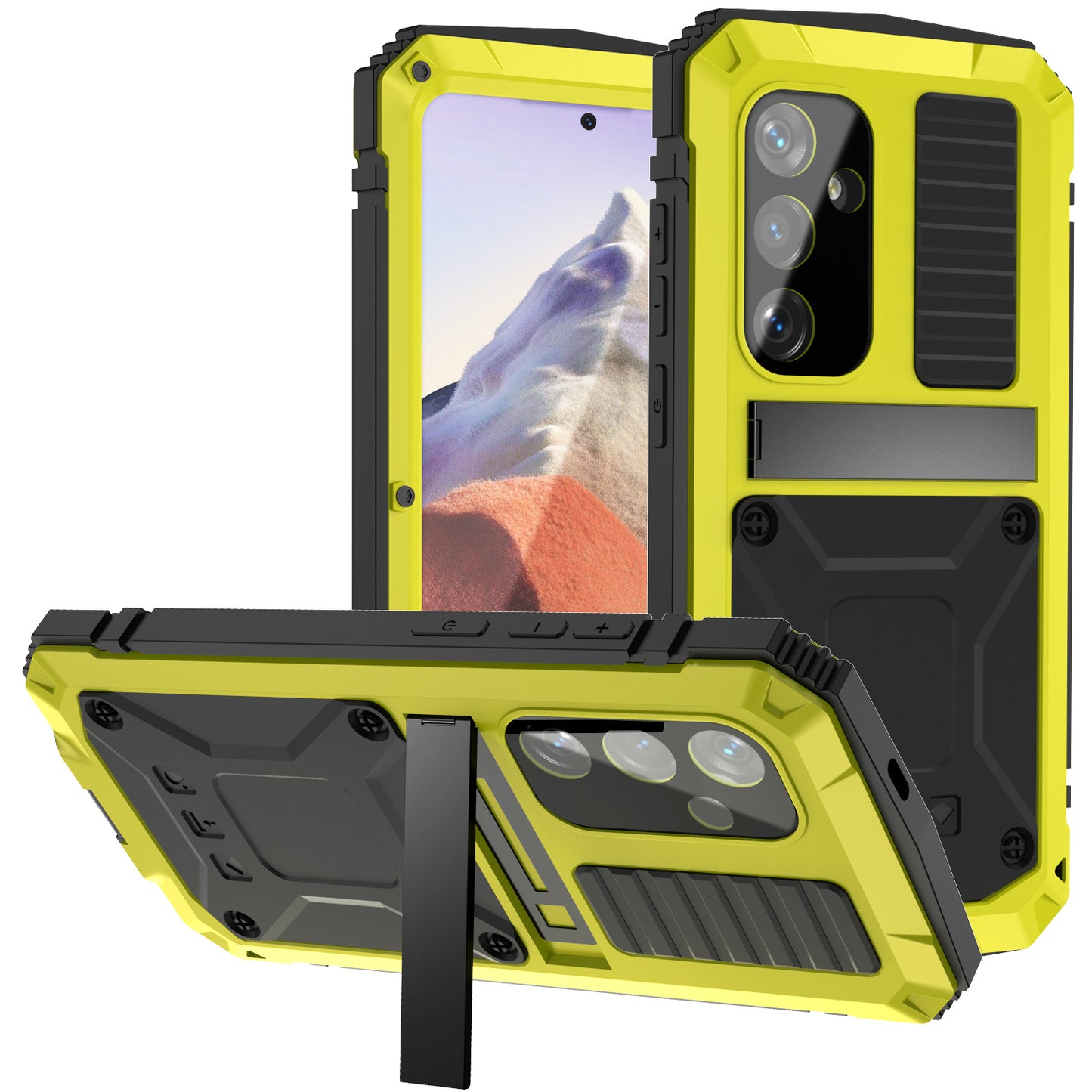 R-JUST For Samsung Galaxy S24 Kickstand Phone Case Shockproof Tough Armour PC+Silicone+Metal Cover - Yellow