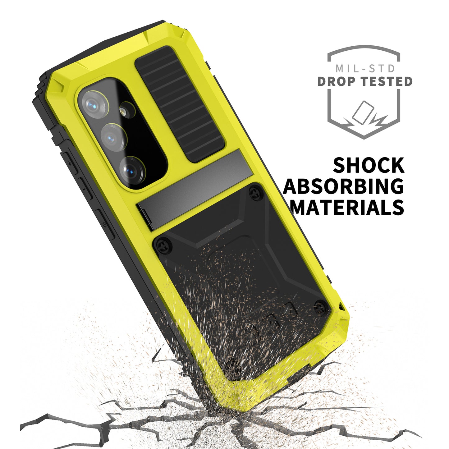 R-JUST For Samsung Galaxy S24 Kickstand Phone Case Shockproof Tough Armour PC+Silicone+Metal Cover - Yellow