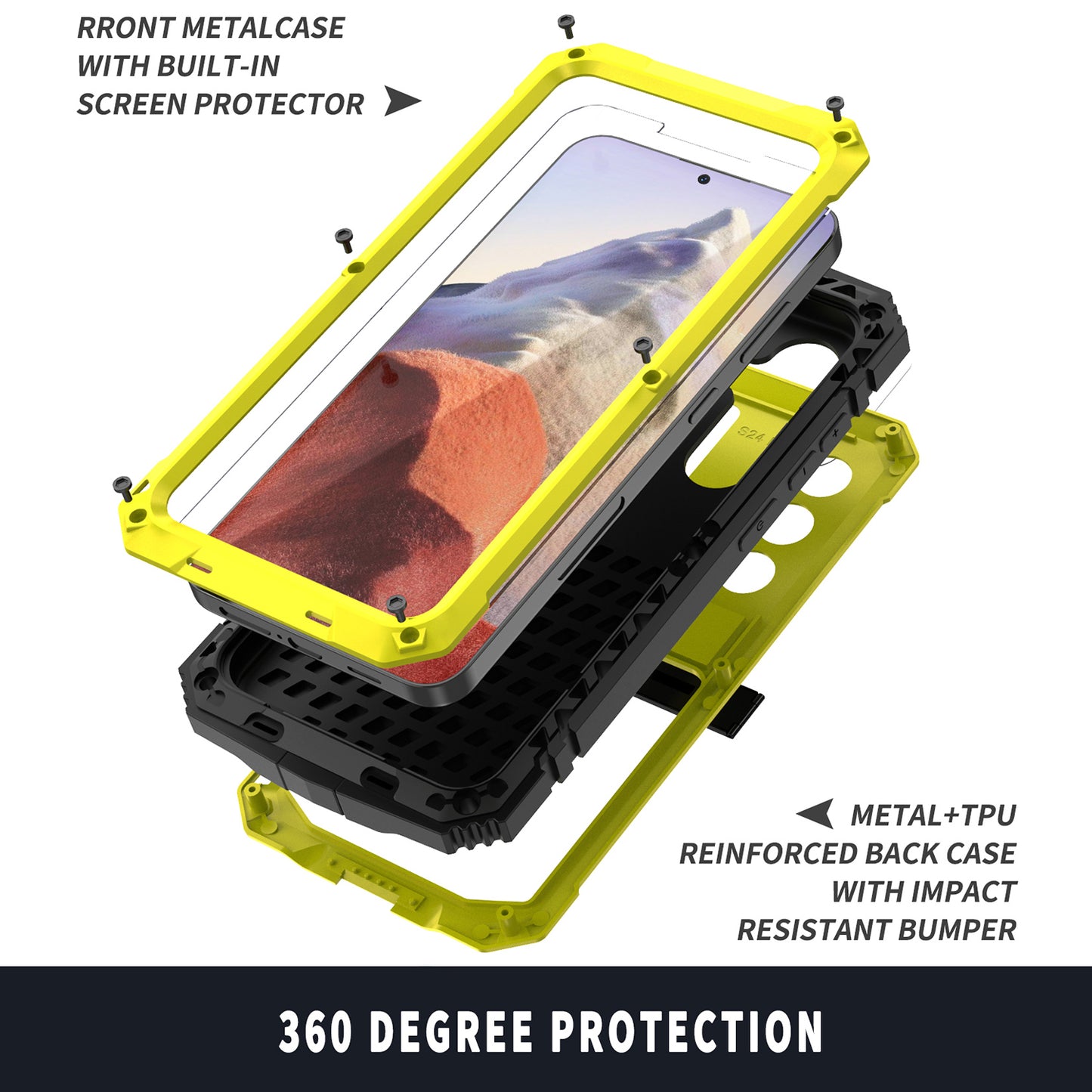 R-JUST For Samsung Galaxy S24 Kickstand Phone Case Shockproof Tough Armour PC+Silicone+Metal Cover - Yellow