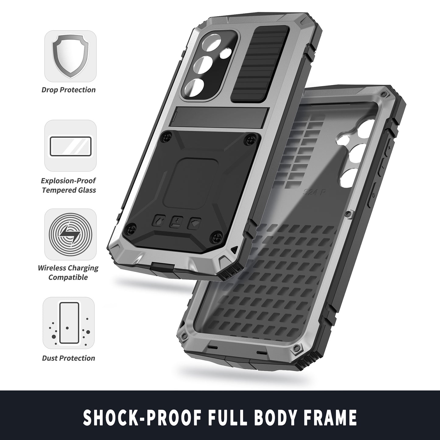 R-JUST For Samsung Galaxy S24 Kickstand Phone Case Shockproof Tough Armour PC+Silicone+Metal Cover - Silver