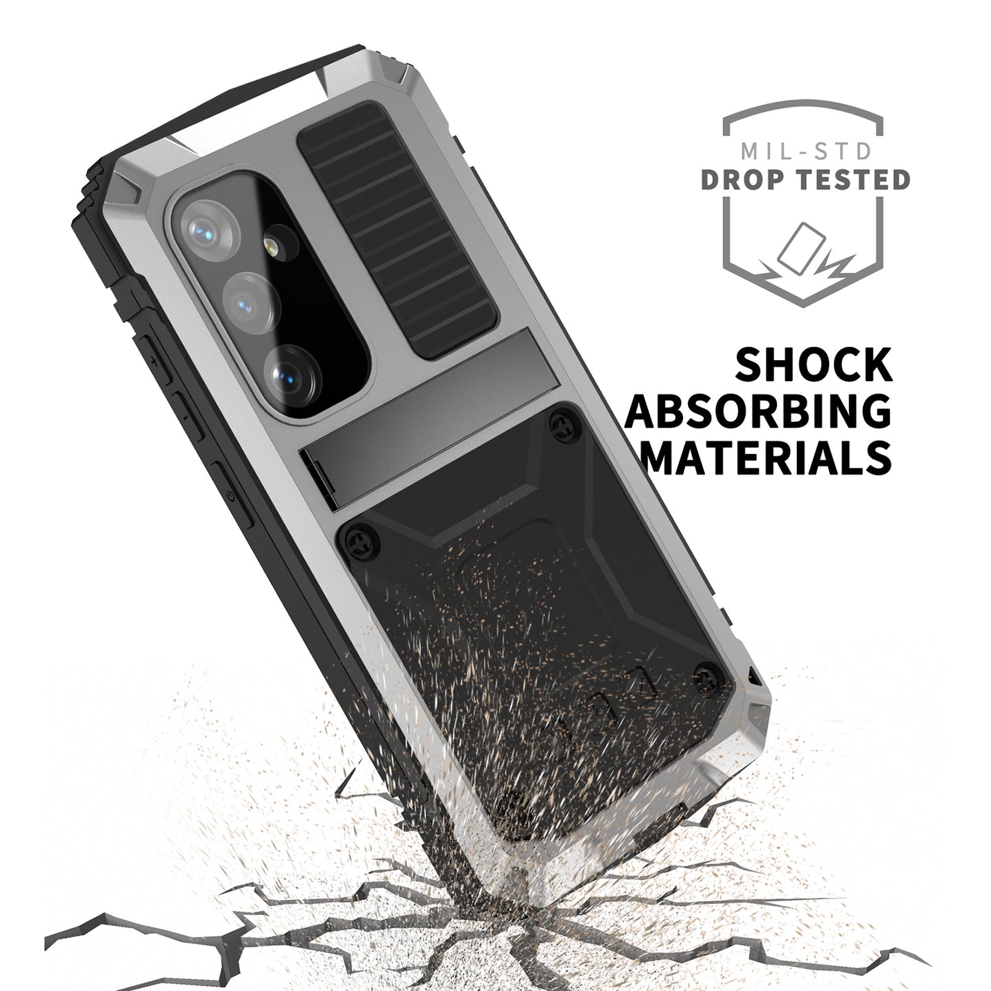 R-JUST For Samsung Galaxy S24 Kickstand Phone Case Shockproof Tough Armour PC+Silicone+Metal Cover - Silver