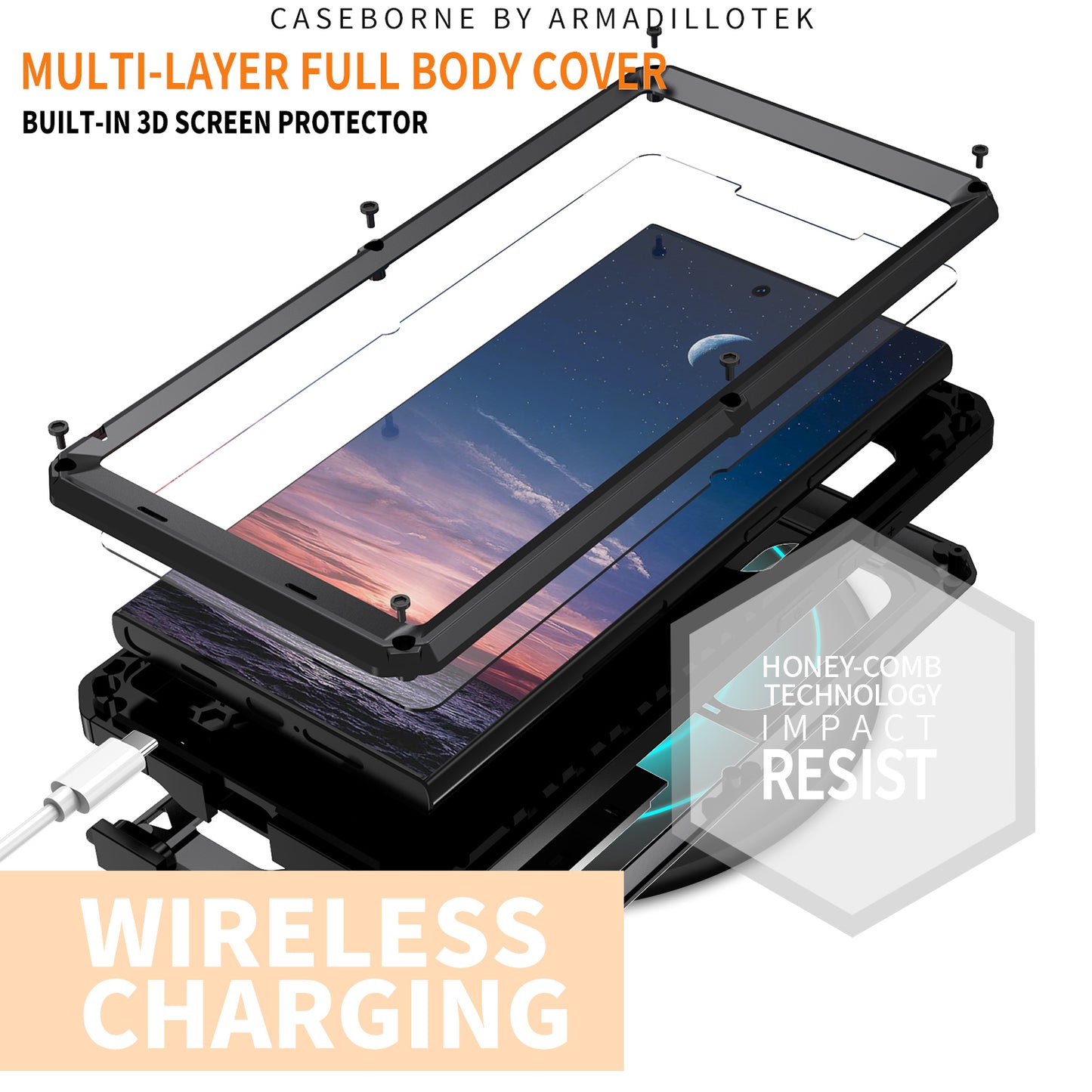 R-JUST For Samsung Galaxy S24 Ultra Case PC+Silicone+Metal Back Cover with Tempered Glass Film - Black