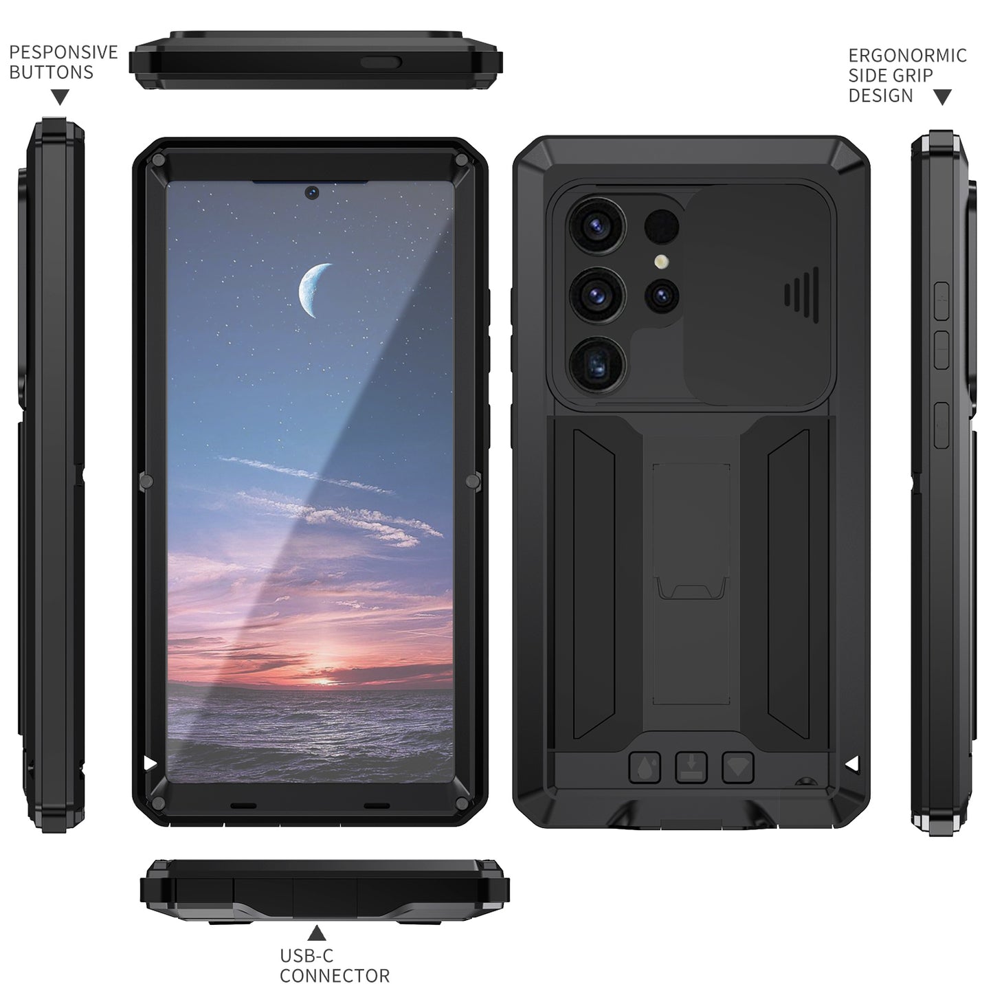 R-JUST For Samsung Galaxy S24 Ultra Case PC+Silicone+Metal Back Cover with Tempered Glass Film - Black