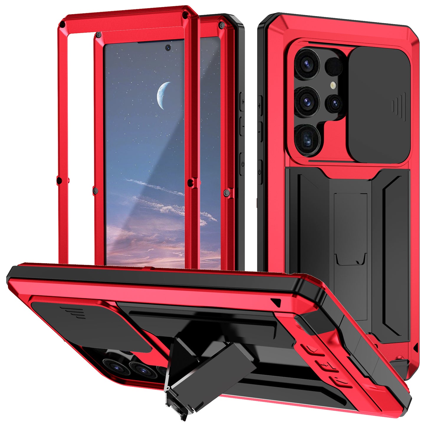 R-JUST For Samsung Galaxy S24 Ultra Case PC+Silicone+Metal Back Cover with Tempered Glass Film - Red