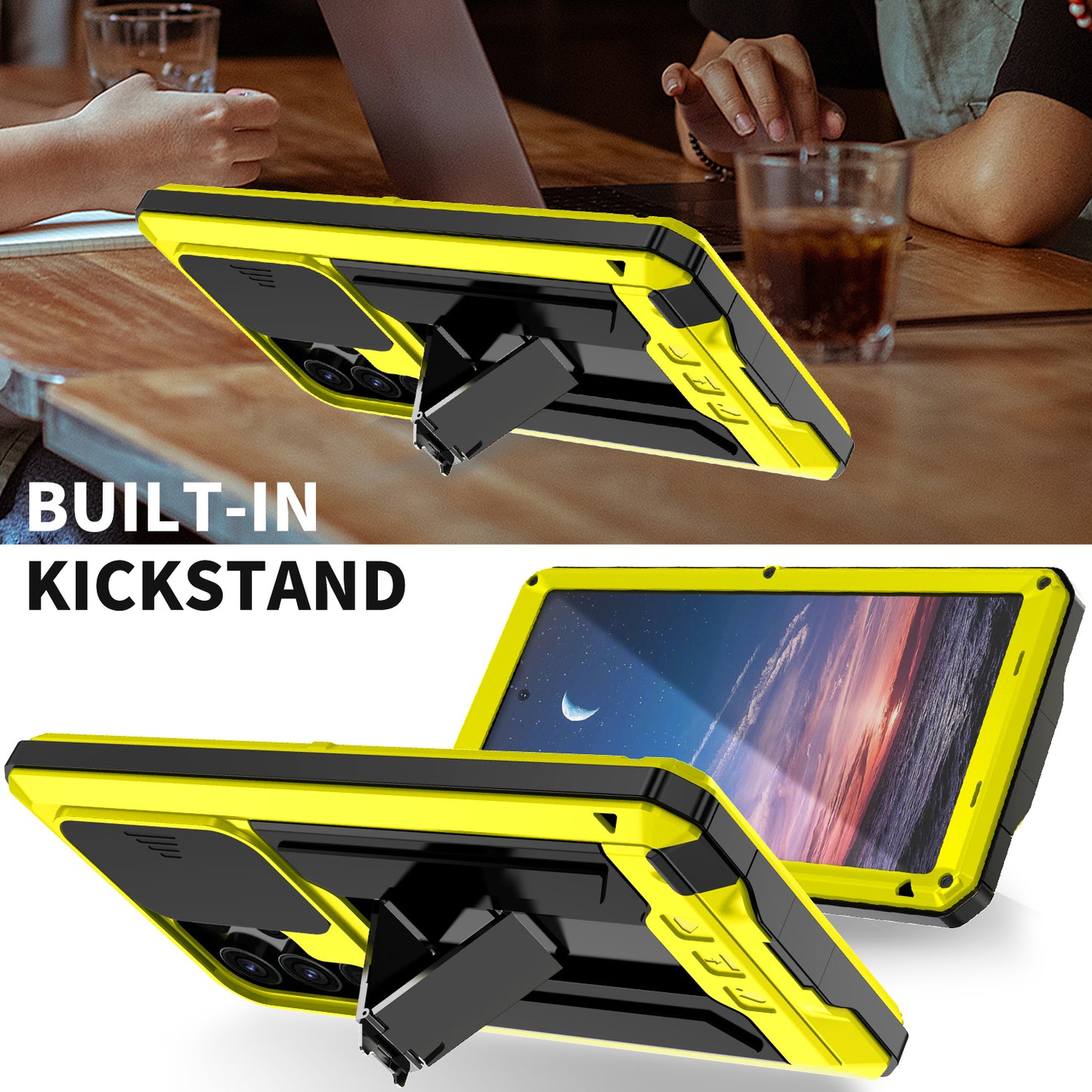 R-JUST For Samsung Galaxy S24 Ultra Case PC+Silicone+Metal Back Cover with Tempered Glass Film - Yellow