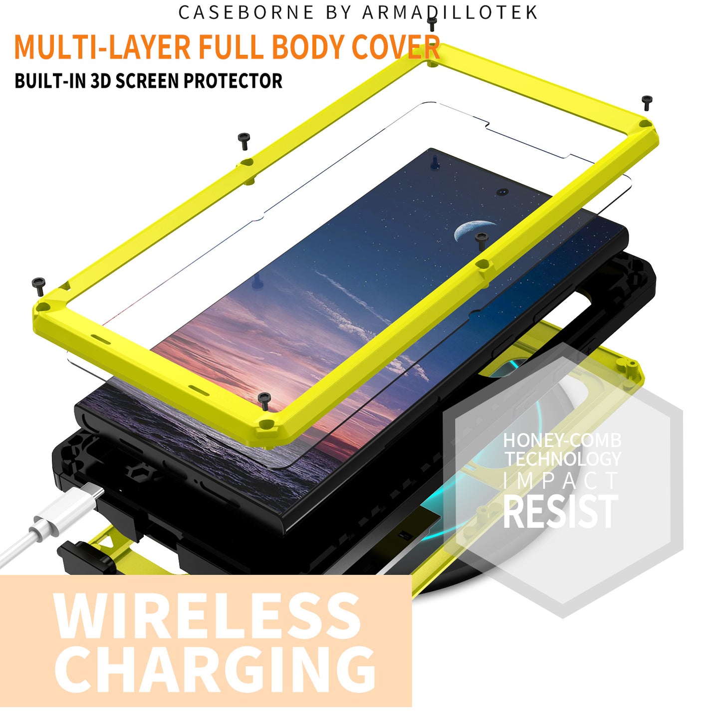 R-JUST For Samsung Galaxy S24 Ultra Case PC+Silicone+Metal Back Cover with Tempered Glass Film - Yellow