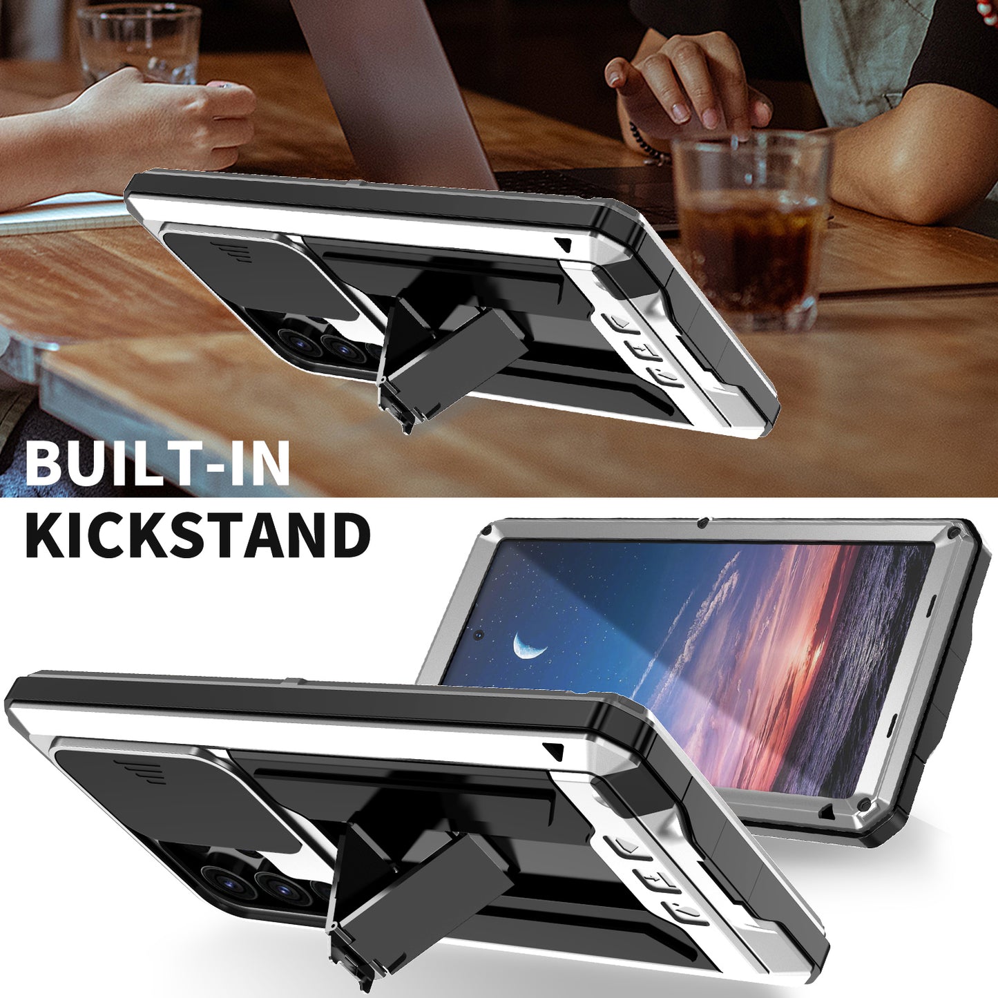 R-JUST For Samsung Galaxy S24 Ultra Case PC+Silicone+Metal Back Cover with Tempered Glass Film - Silver