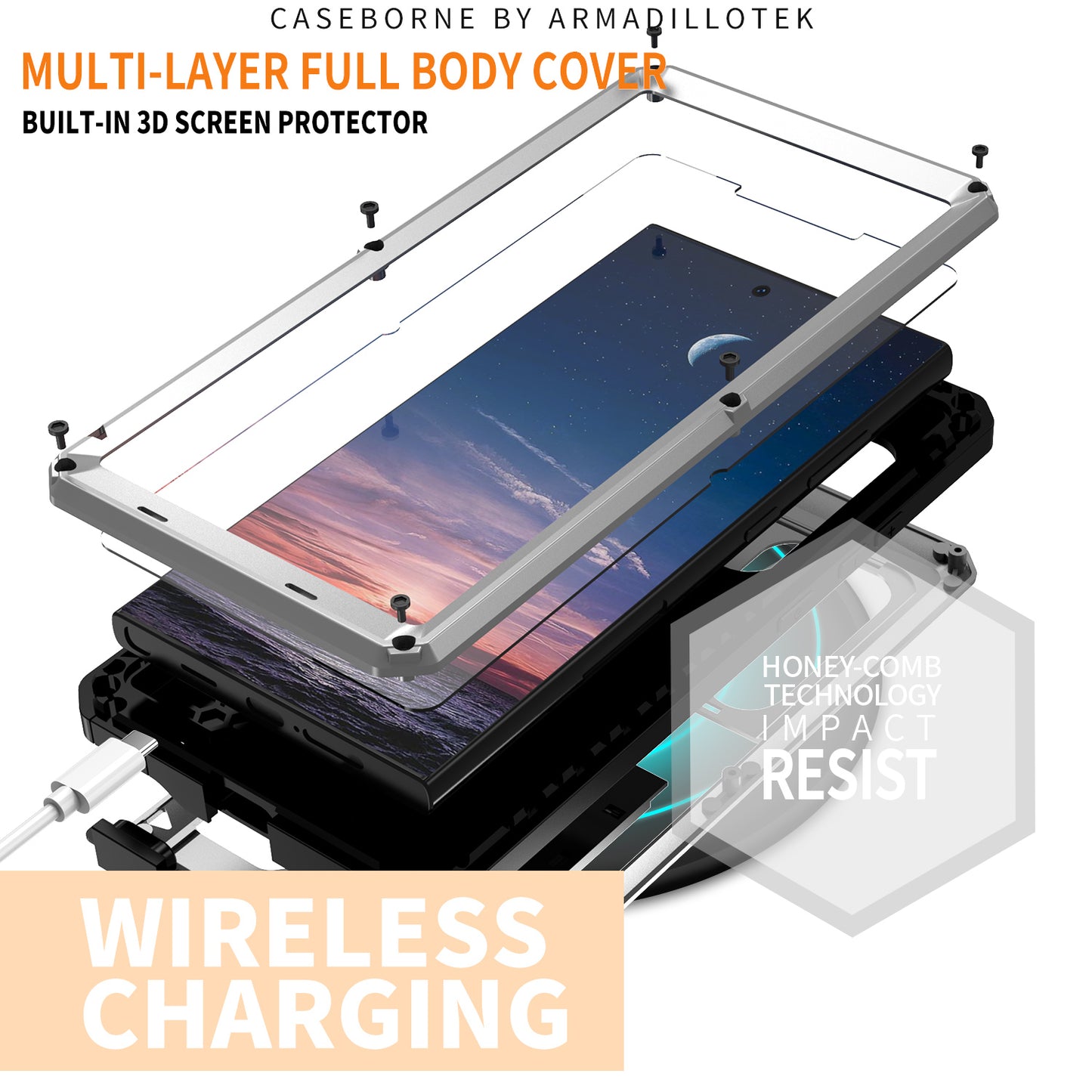 R-JUST For Samsung Galaxy S24 Ultra Case PC+Silicone+Metal Back Cover with Tempered Glass Film - Silver