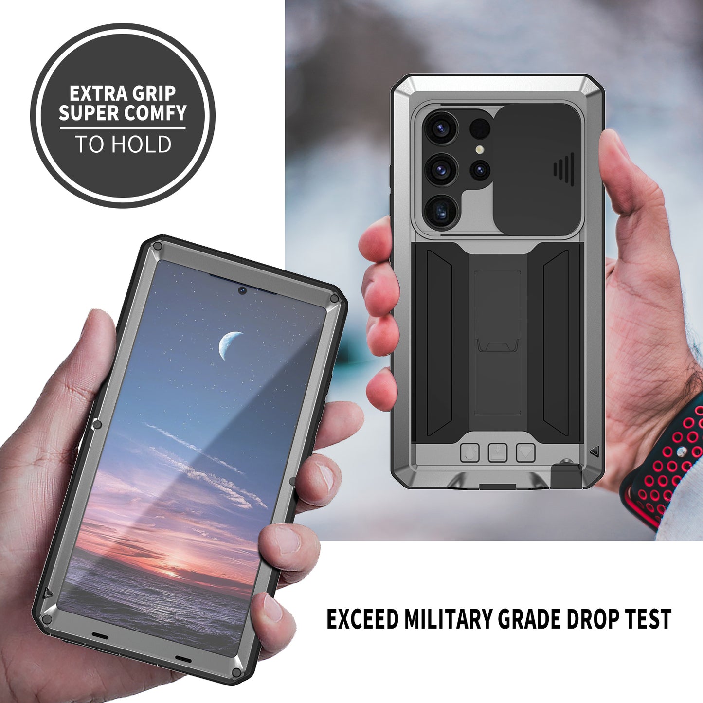 R-JUST For Samsung Galaxy S24 Ultra Case PC+Silicone+Metal Back Cover with Tempered Glass Film - Silver