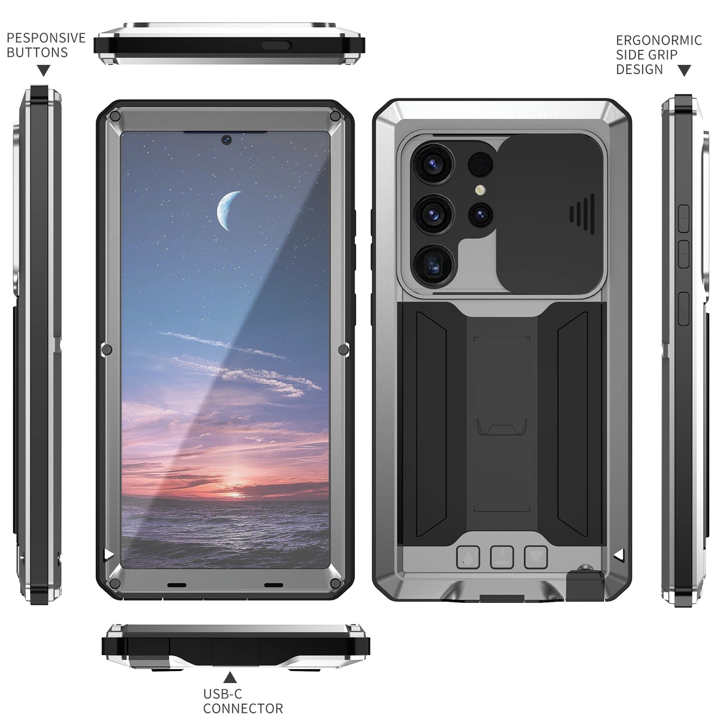 R-JUST For Samsung Galaxy S24 Ultra Case PC+Silicone+Metal Back Cover with Tempered Glass Film - Silver