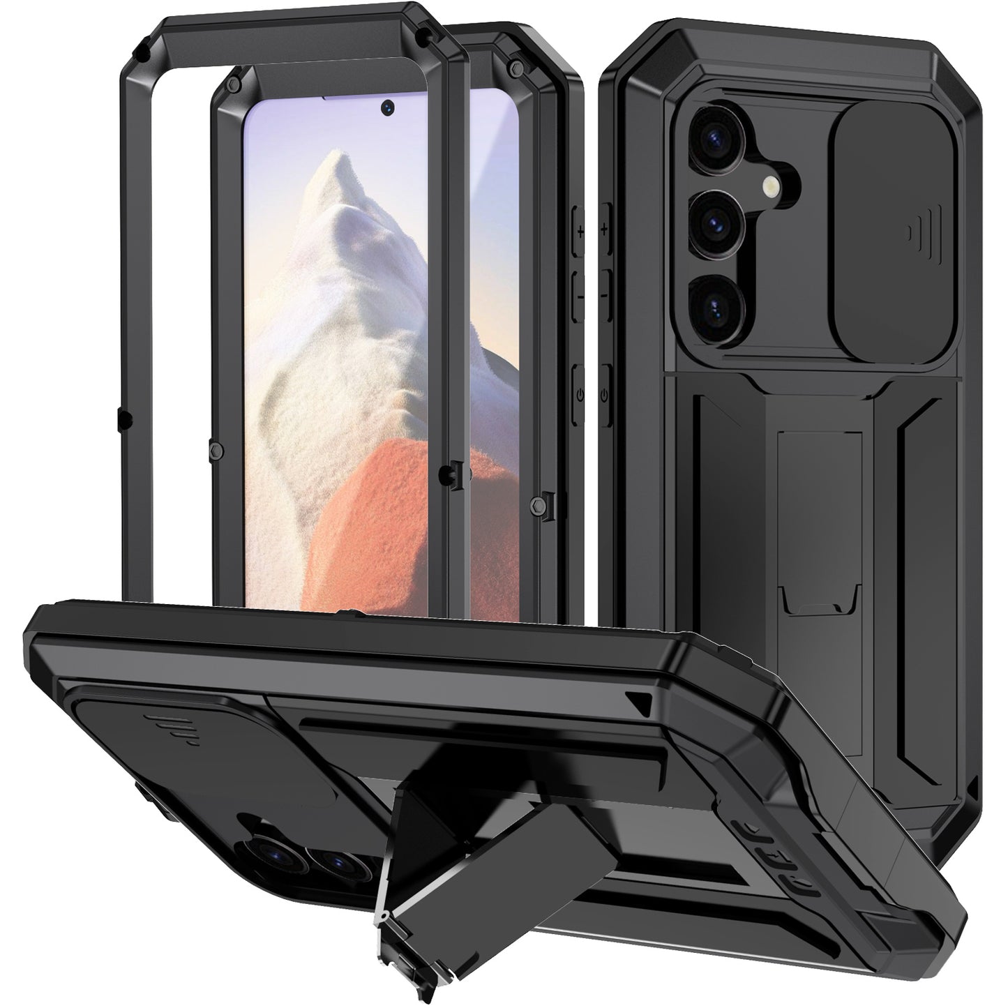 R-JUST For Samsung Galaxy S24 Case PC+Silicone+Metal Back Shell with Slide Camera Lid - Black