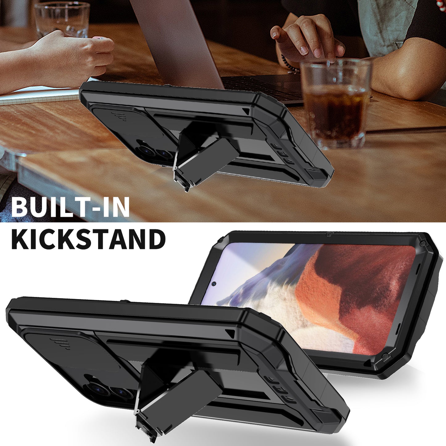 R-JUST For Samsung Galaxy S24 Case PC+Silicone+Metal Back Shell with Slide Camera Lid - Black
