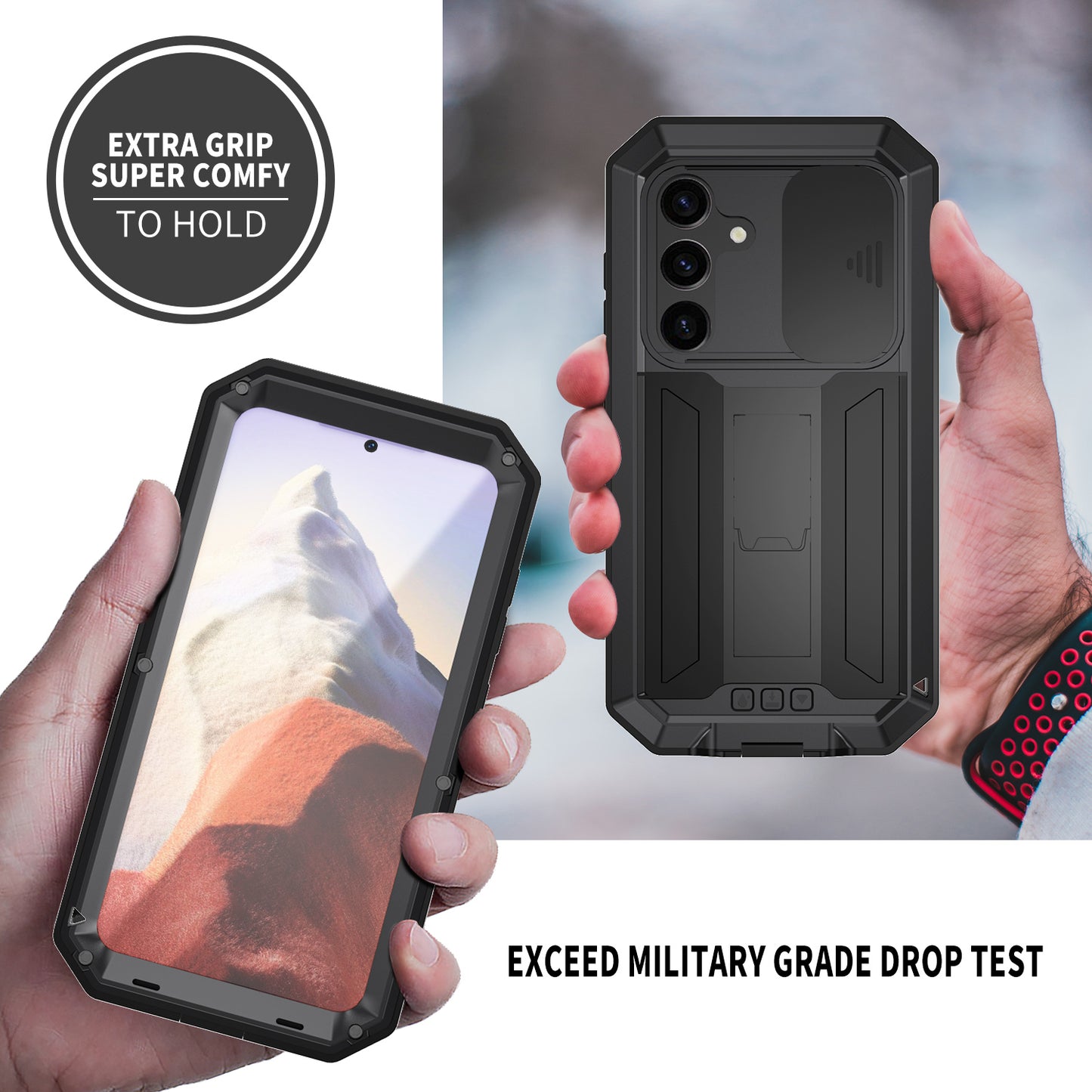 R-JUST For Samsung Galaxy S24 Case PC+Silicone+Metal Back Shell with Slide Camera Lid - Black