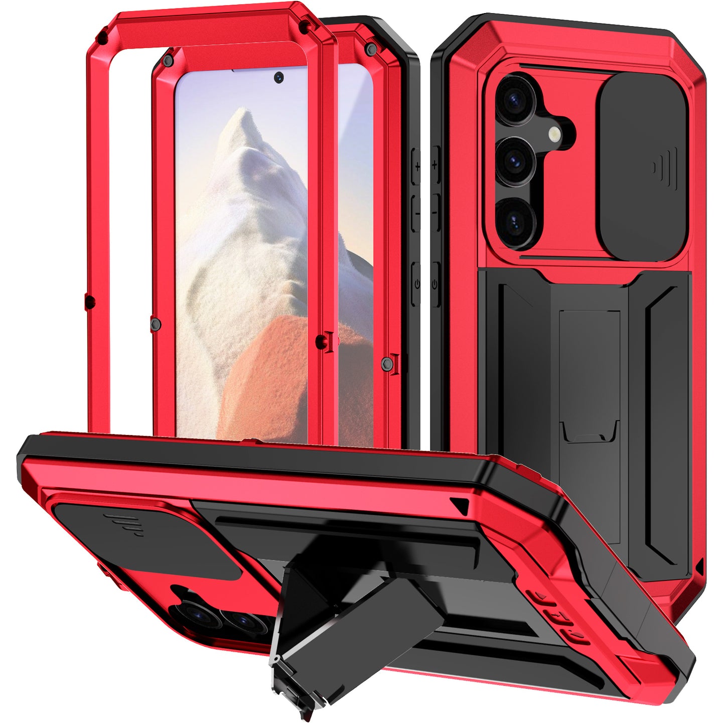 R-JUST For Samsung Galaxy S24 Case PC+Silicone+Metal Back Shell with Slide Camera Lid - Red