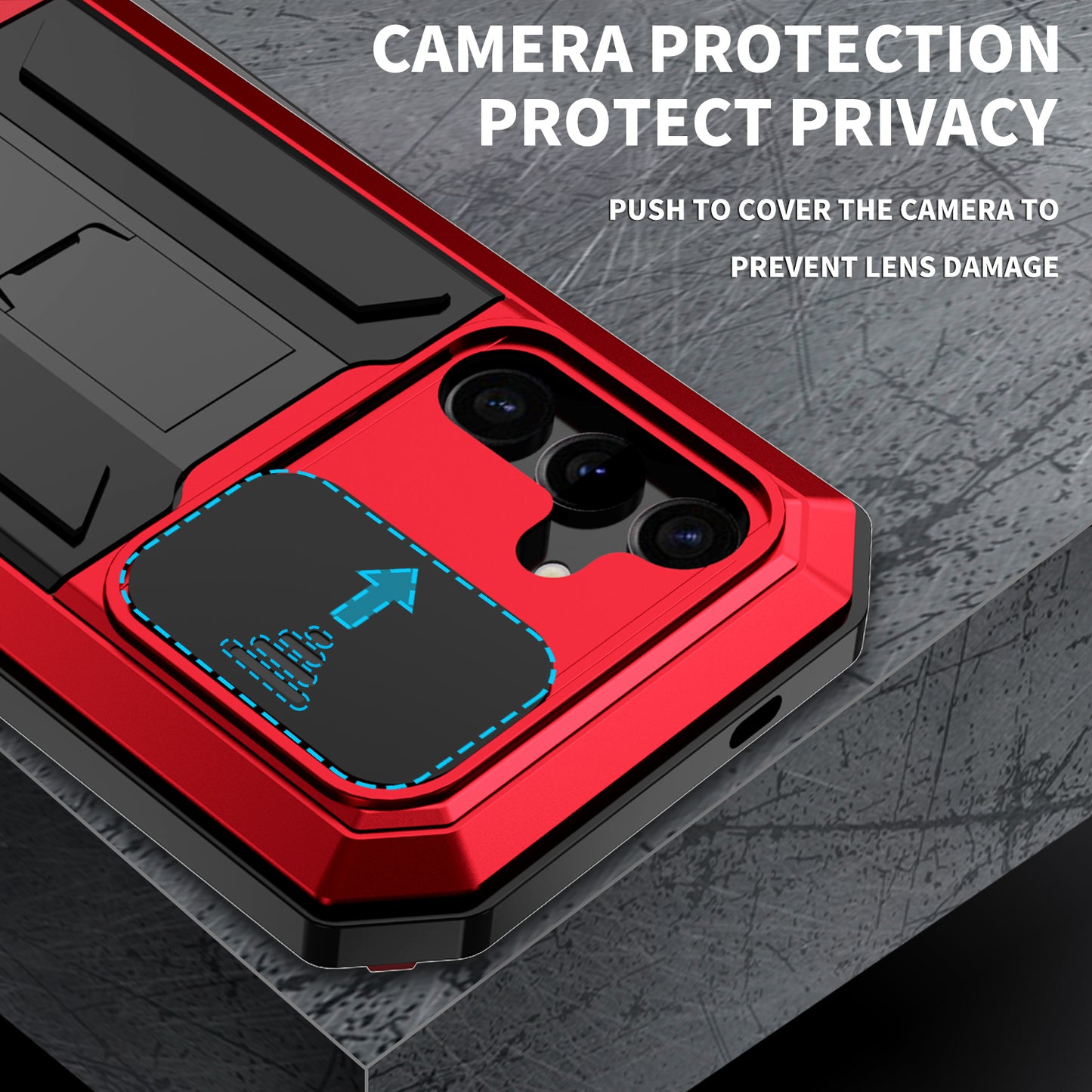 R-JUST For Samsung Galaxy S24 Case PC+Silicone+Metal Back Shell with Slide Camera Lid - Red