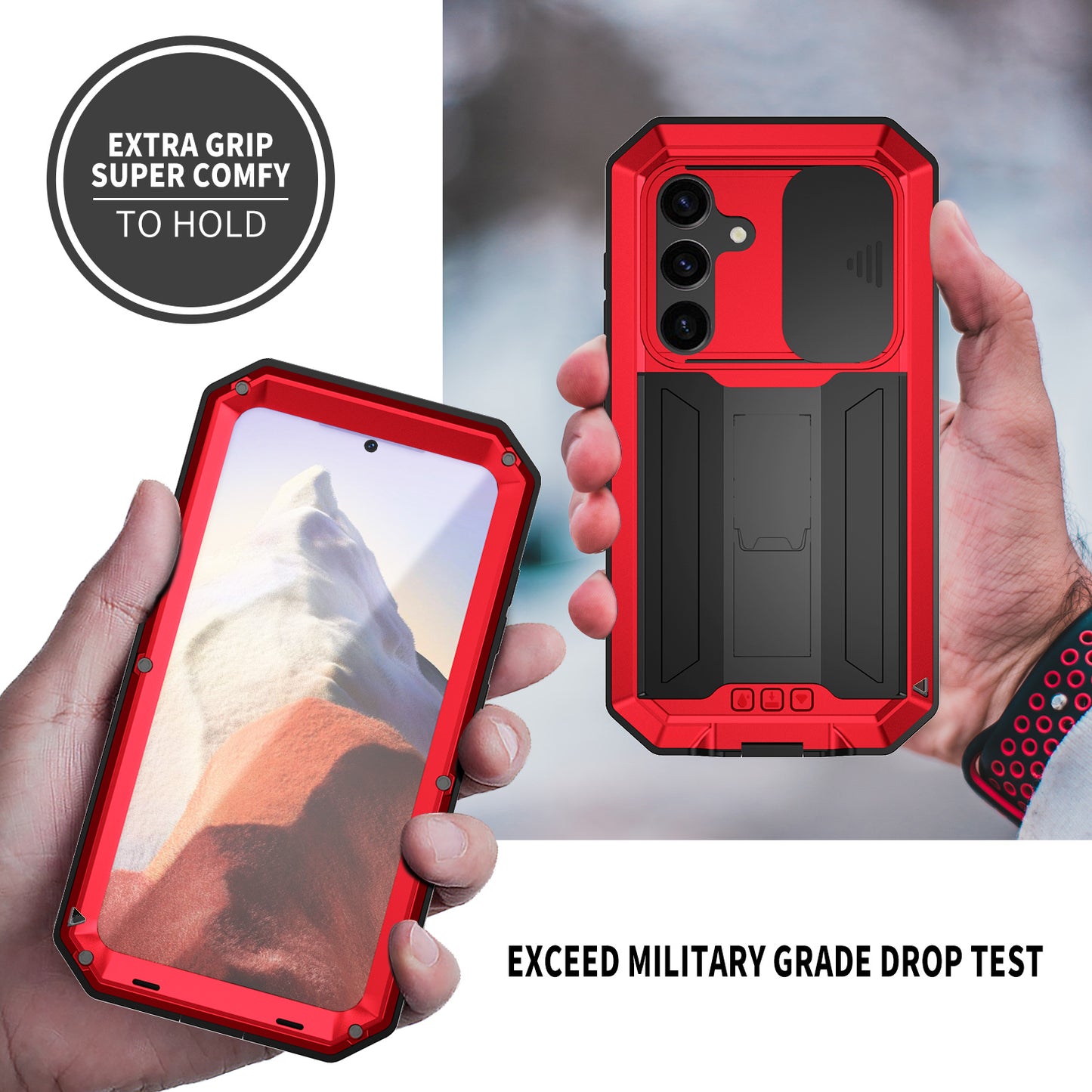 R-JUST For Samsung Galaxy S24 Case PC+Silicone+Metal Back Shell with Slide Camera Lid - Red