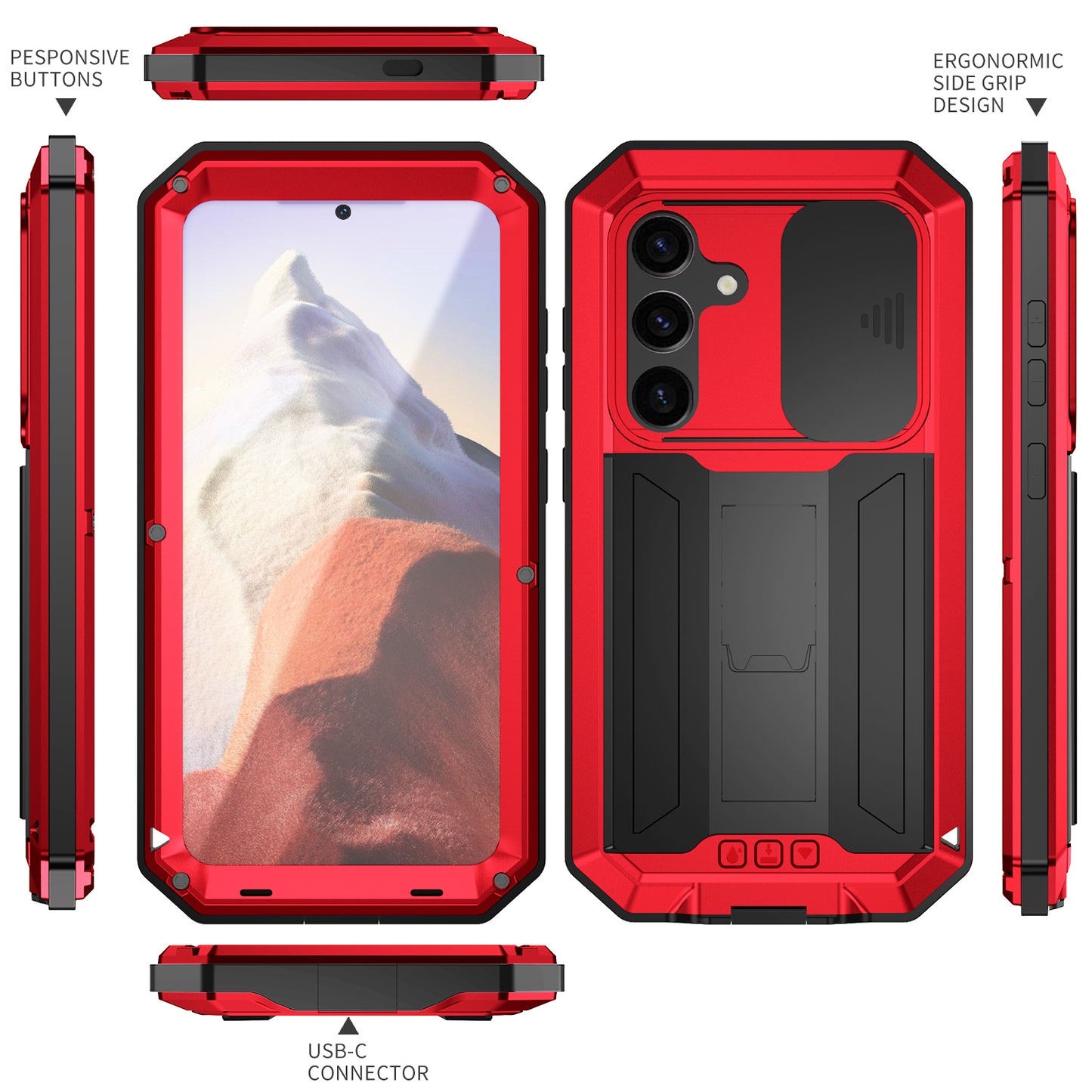 R-JUST For Samsung Galaxy S24 Case PC+Silicone+Metal Back Shell with Slide Camera Lid - Red