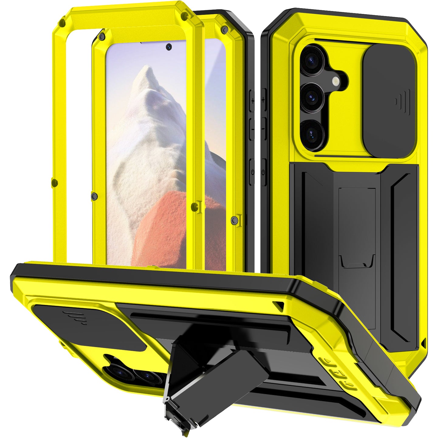 R-JUST For Samsung Galaxy S24 Case PC+Silicone+Metal Back Shell with Slide Camera Lid - Yellow