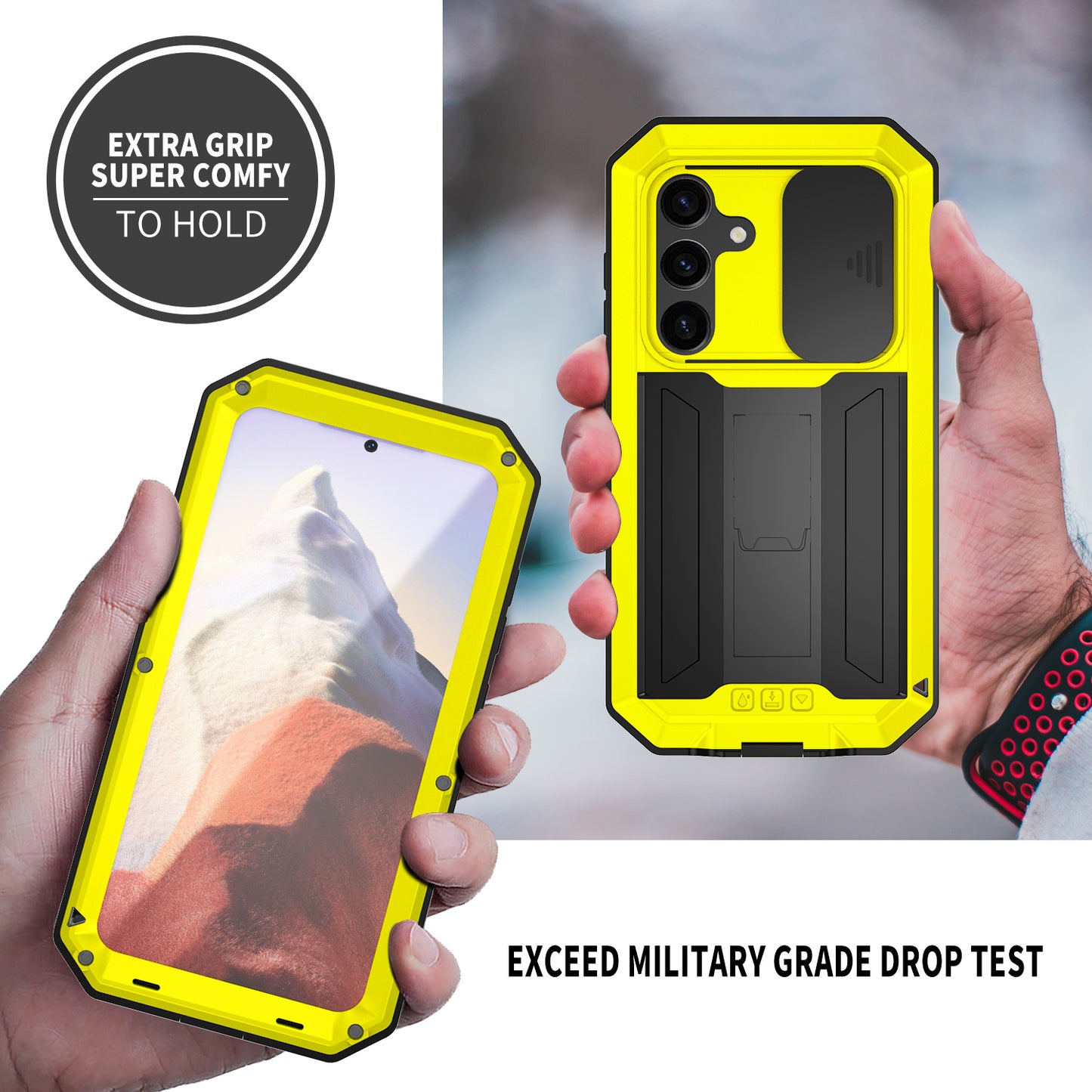R-JUST For Samsung Galaxy S24 Case PC+Silicone+Metal Back Shell with Slide Camera Lid - Yellow