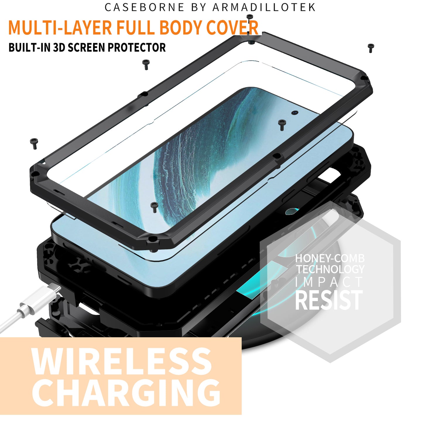 R-JUST For Samsung Galaxy S24+ Cell Phone Case PC+Silicone+Metal Kickstand Cover - Black