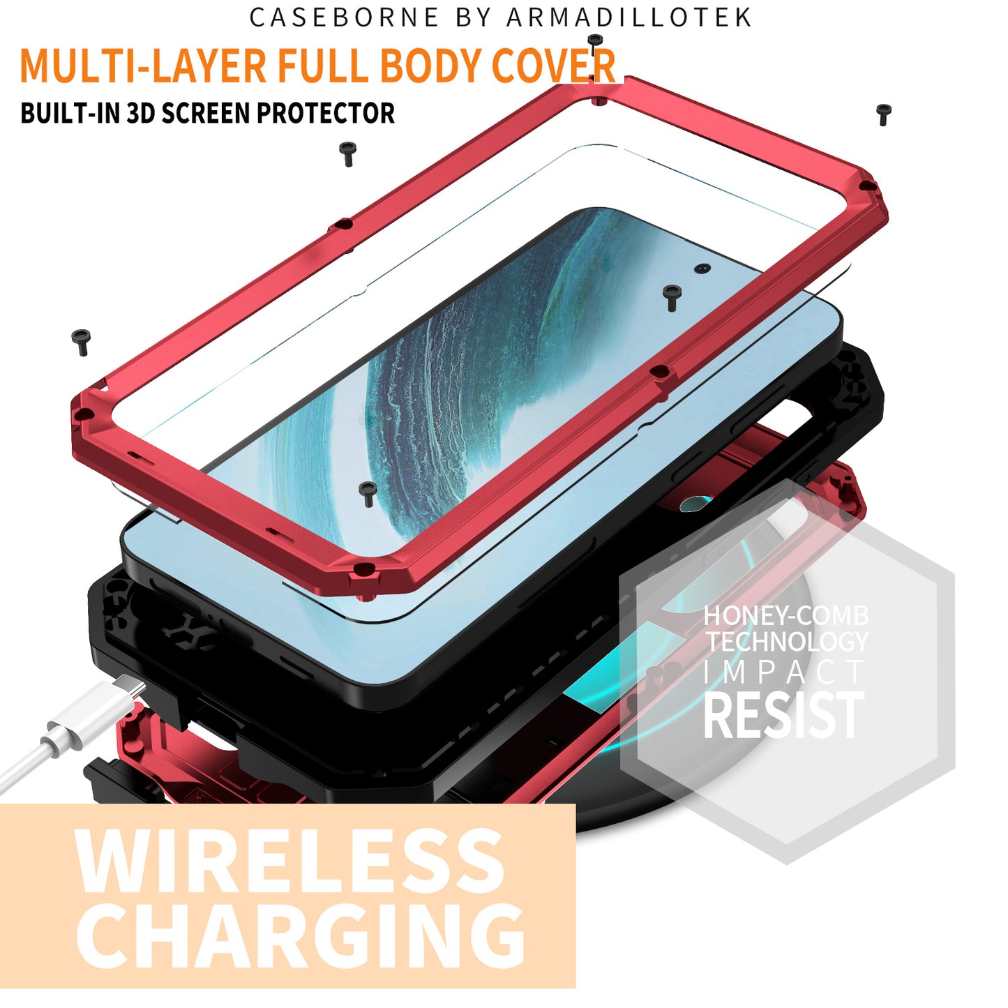 R-JUST For Samsung Galaxy S24+ Cell Phone Case PC+Silicone+Metal Kickstand Cover - Red