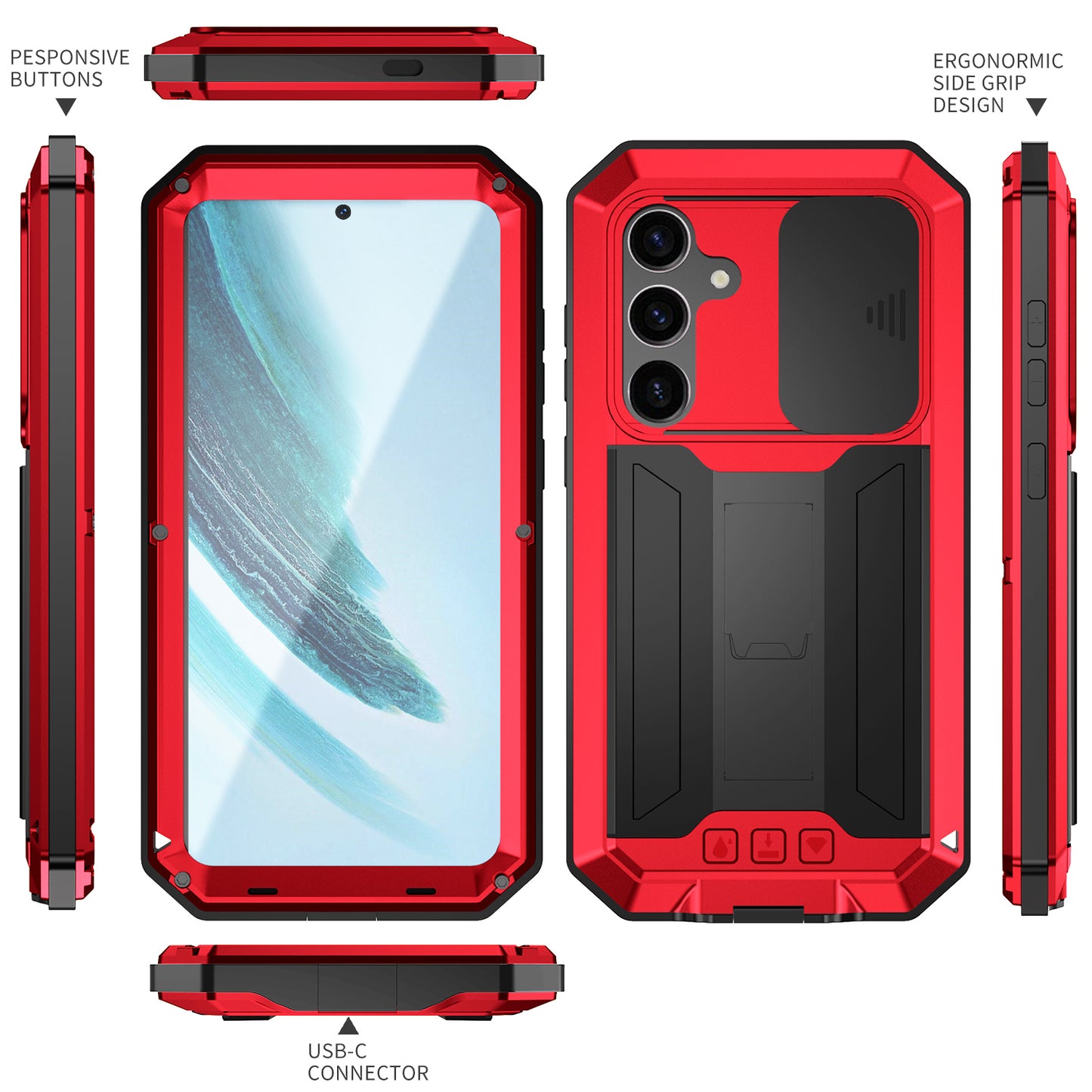 R-JUST For Samsung Galaxy S24+ Cell Phone Case PC+Silicone+Metal Kickstand Cover - Red