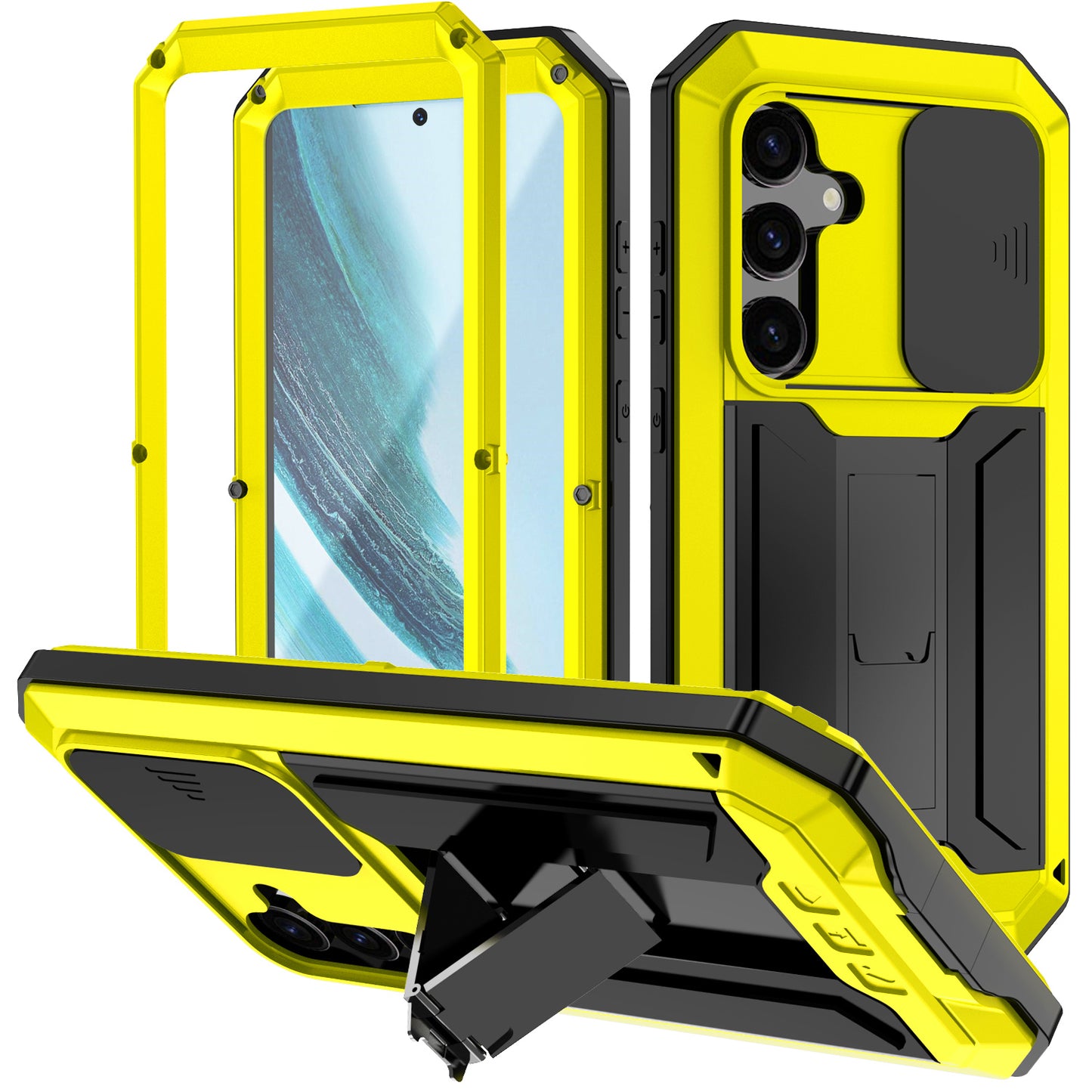 R-JUST For Samsung Galaxy S24+ Cell Phone Case PC+Silicone+Metal Kickstand Cover - Yellow