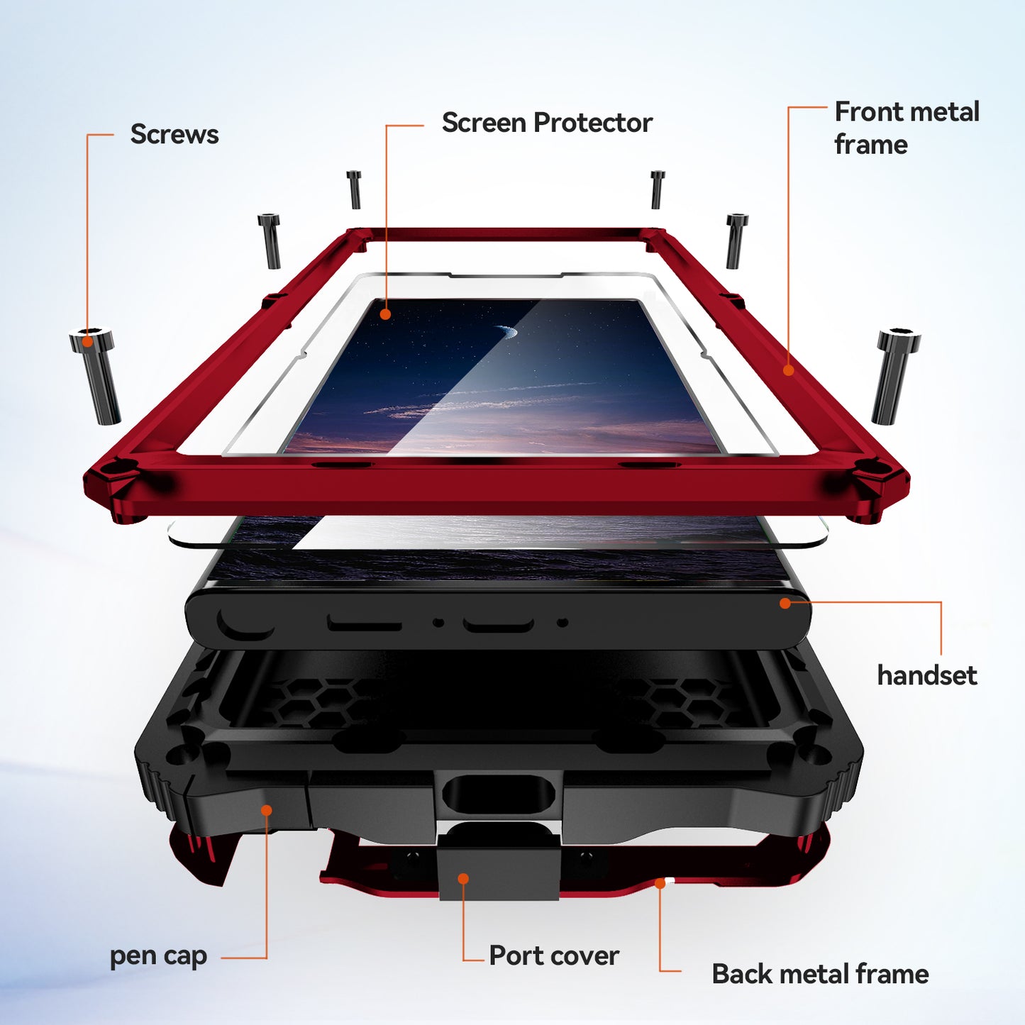 R-JUST For Samsung Galaxy S24 Ultra Shockproof Case Kickstand Drop-proof Cover Tempered Glass Film - Red