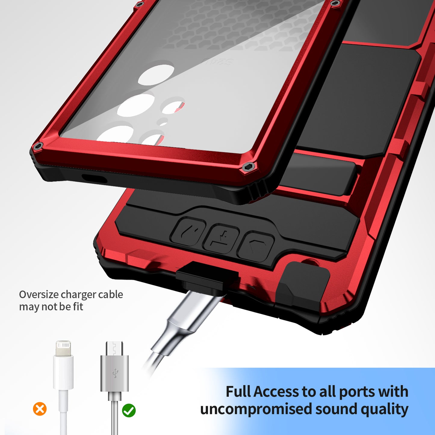R-JUST For Samsung Galaxy S24 Ultra Shockproof Case Kickstand Drop-proof Cover Tempered Glass Film - Red