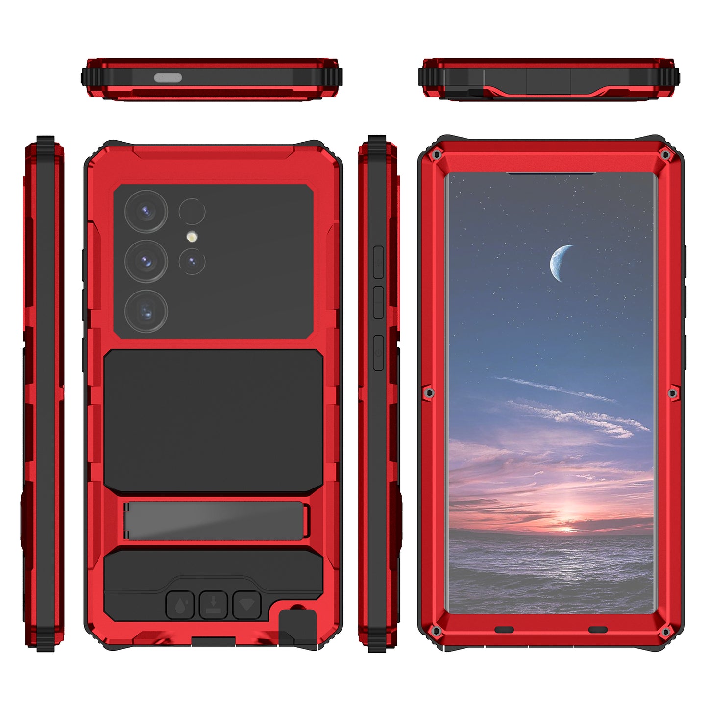 R-JUST For Samsung Galaxy S24 Ultra Shockproof Case Kickstand Drop-proof Cover Tempered Glass Film - Red